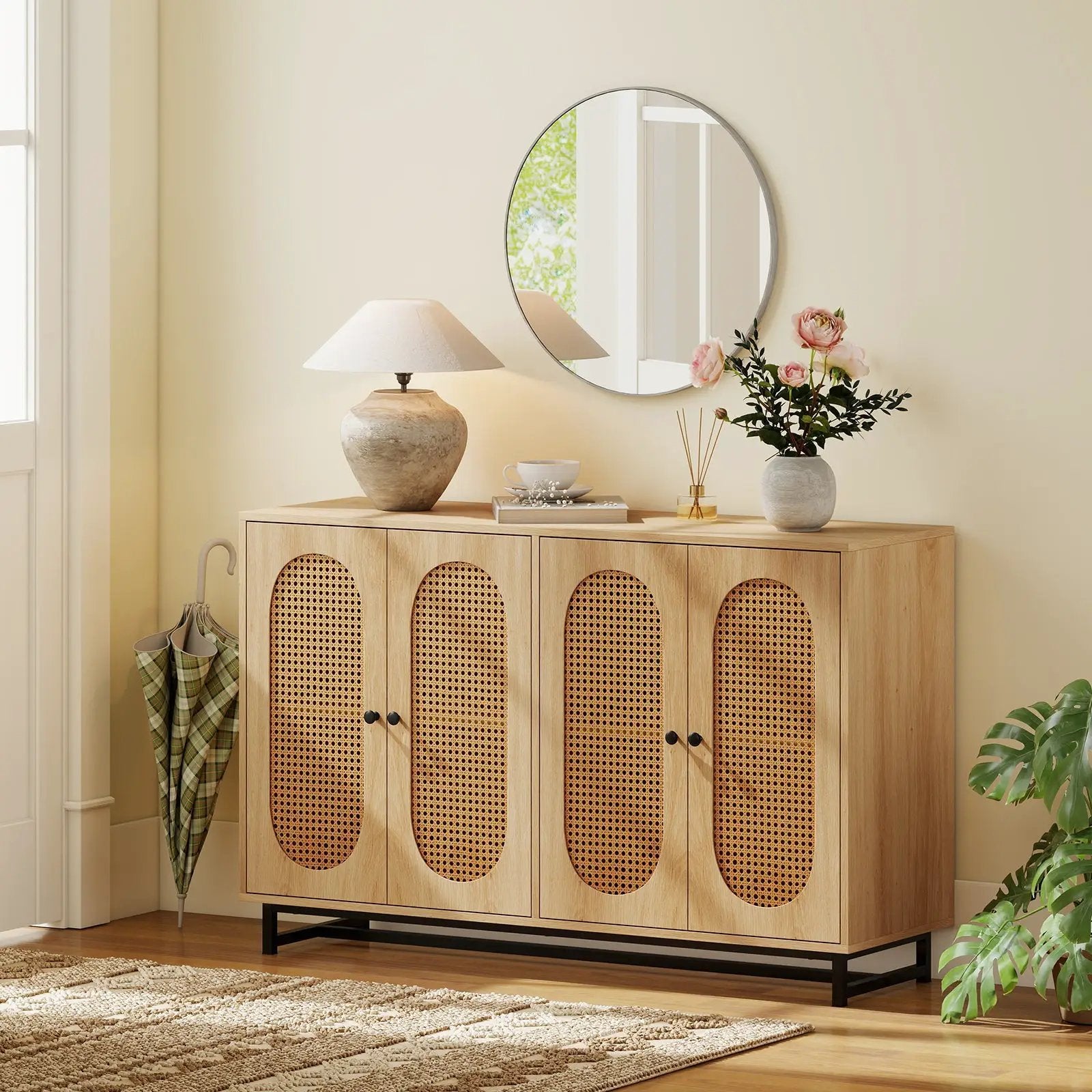 50 Inch Buffet Sideboard Cabinet with 4 Rattan Doors and Adjustable Shelves-Natural by DirectDeals