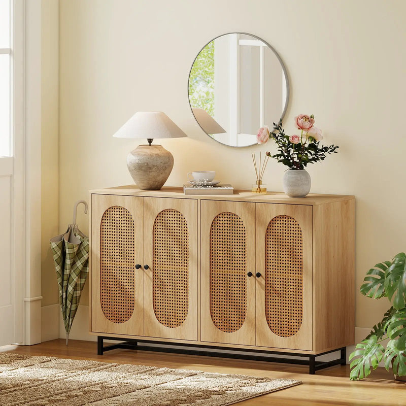 50 Inch Buffet Sideboard Cabinet with 4 Rattan Doors and Adjustable Shelves-Natural by DirectDeals