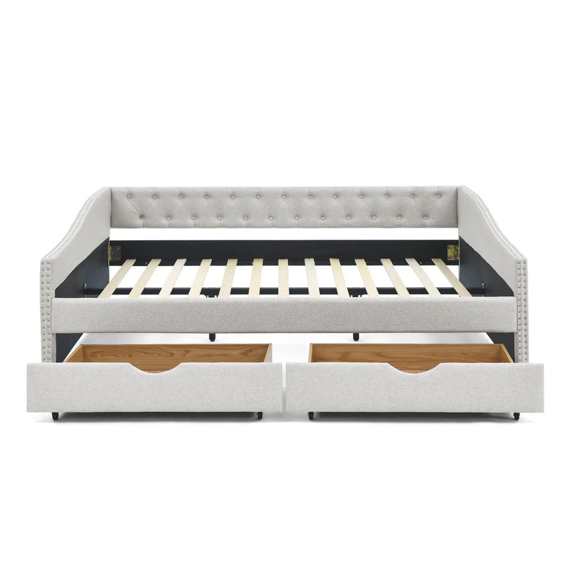 Upholstered Tufted Daybed With Drawers, Waved Arms by HouseOfZazla