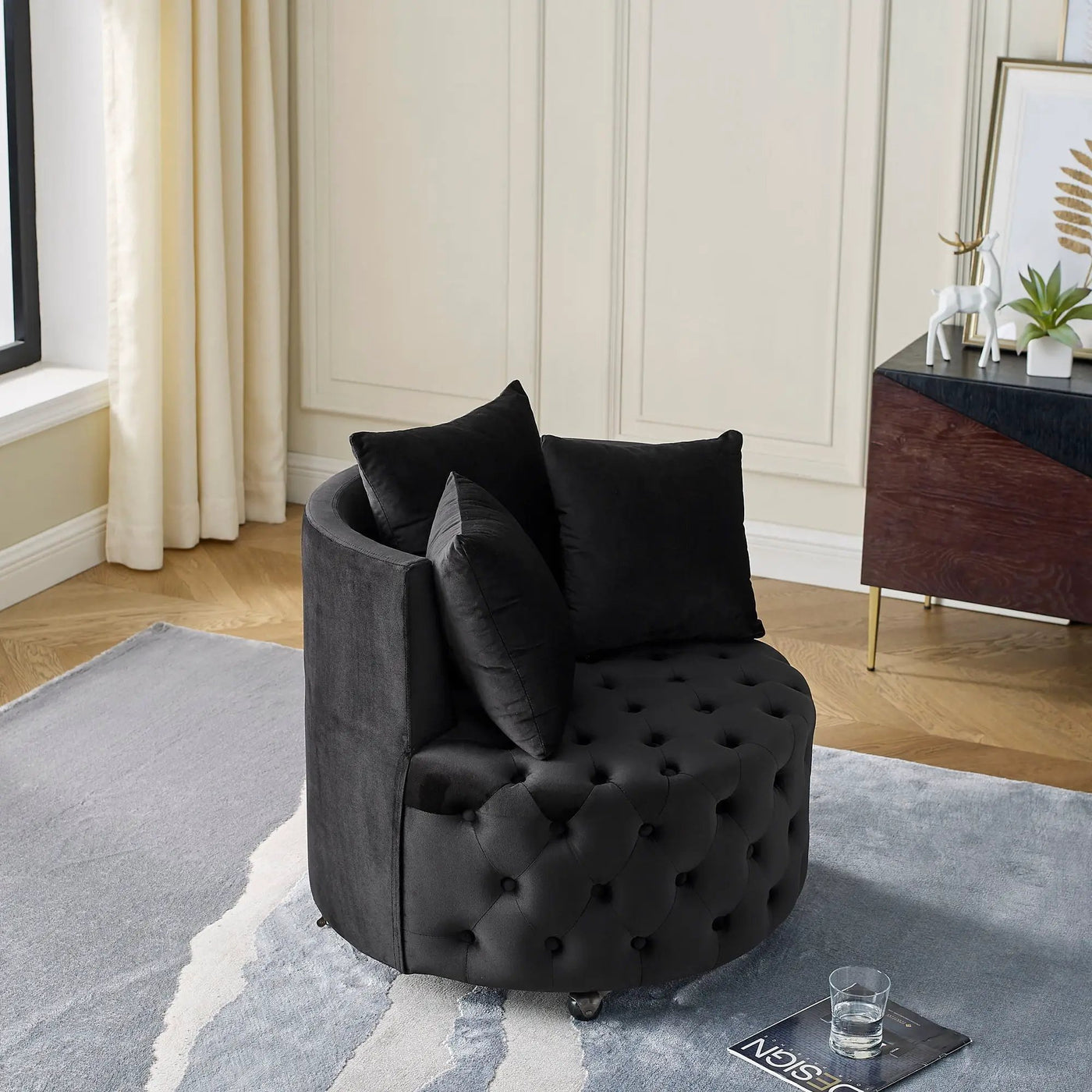 Modern Upholstered Swivel Chair With Button Tufted Design And Movable Wheels by Unique Piece Furniture