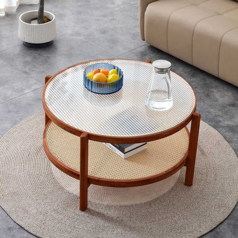 Modern Style Circular Double Layer Tea Table With Rattan Weave by HouseOfZazla
