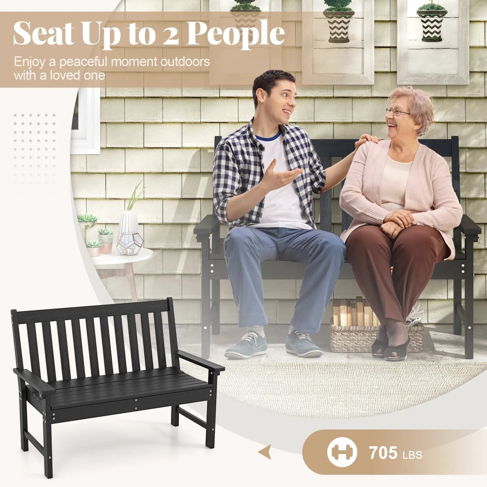 52 Inch All-Weather HDPE Outdoor Bench with Backrest and Armrests by DirectDeals