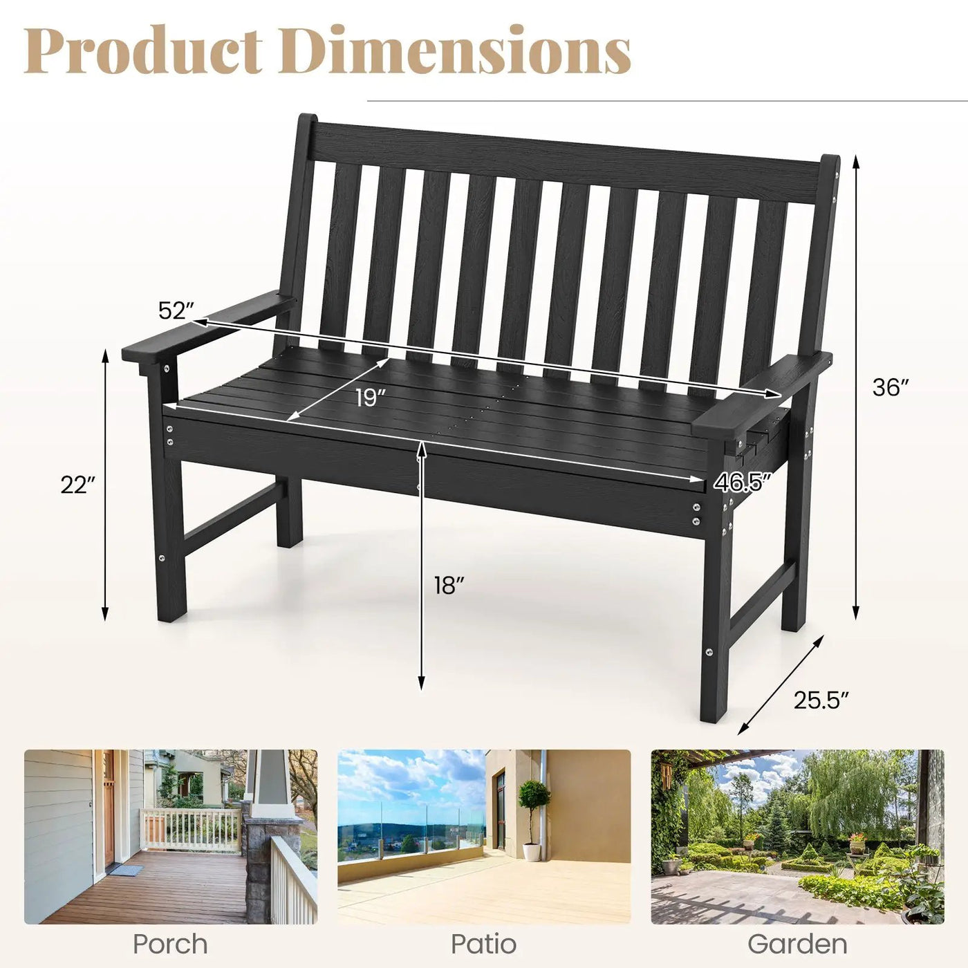 52 Inch All-Weather HDPE Outdoor Bench with Backrest and Armrests by DirectDeals