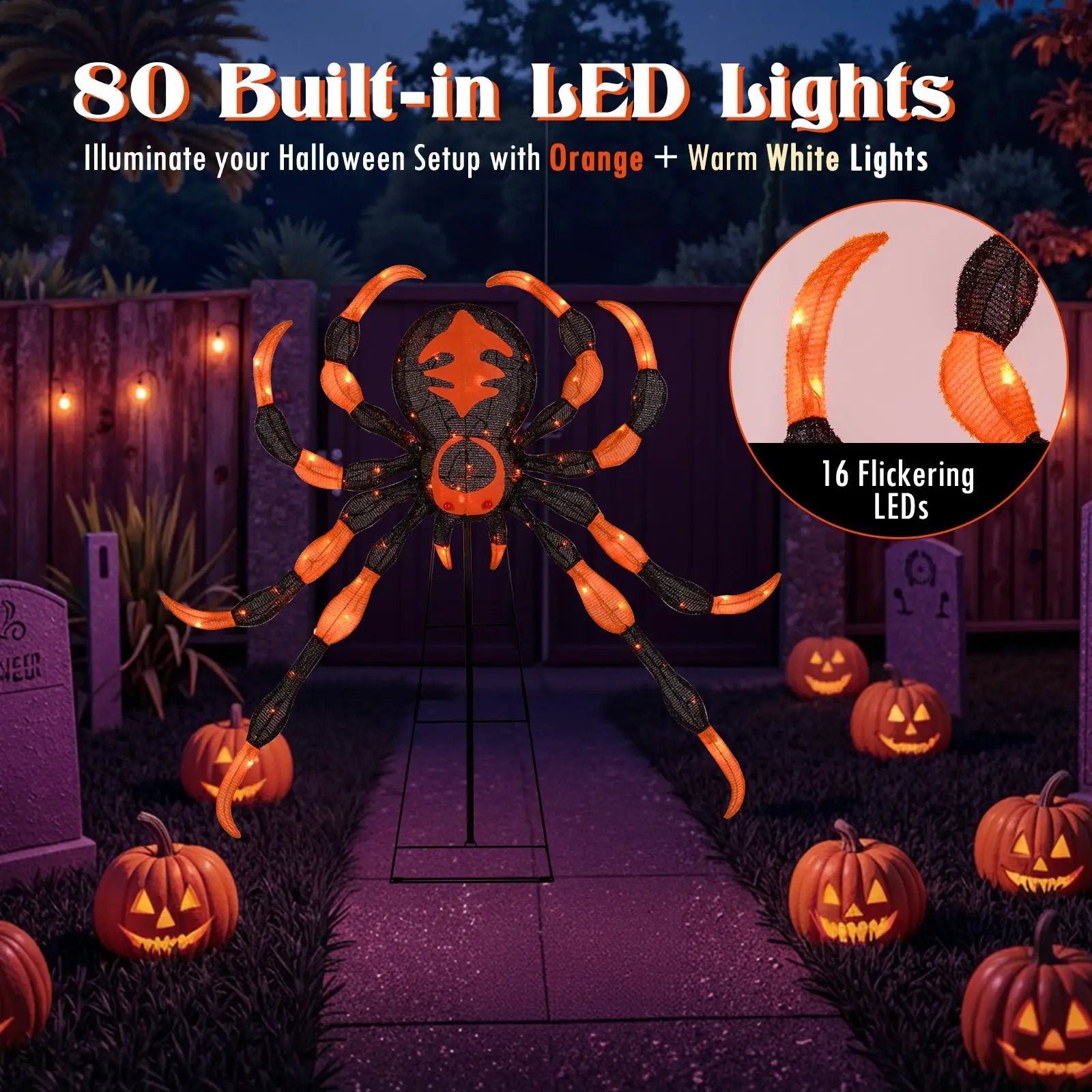 52 Inch Halloween Spider Decoration with 16 Flickering Warm White LEDs by DirectDeals