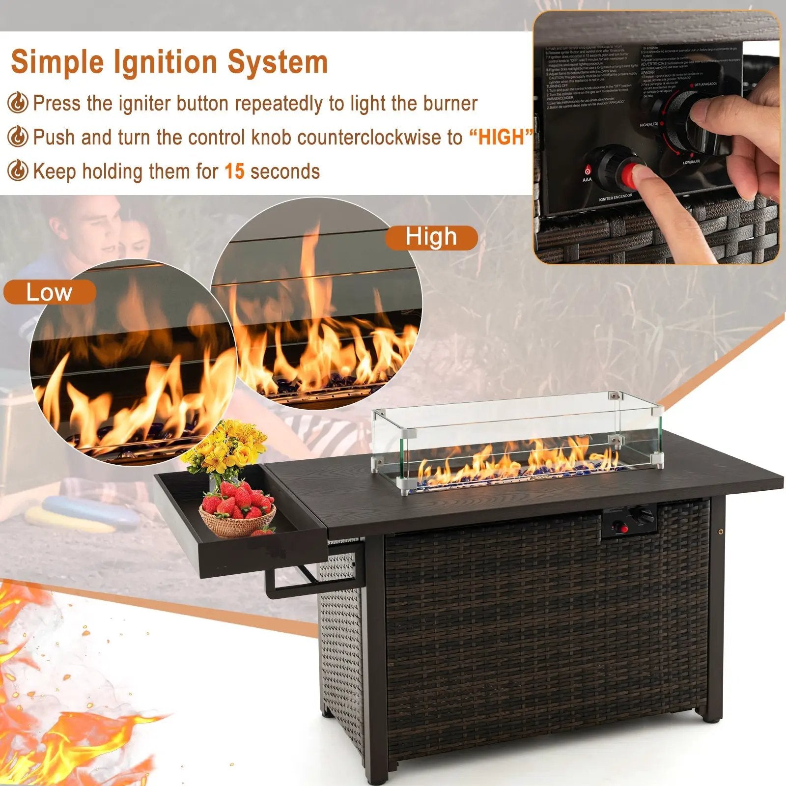 52 Inches Outdoor Wicker Gas Fire Pit Propane Fire Table with Cover by DirectDeals