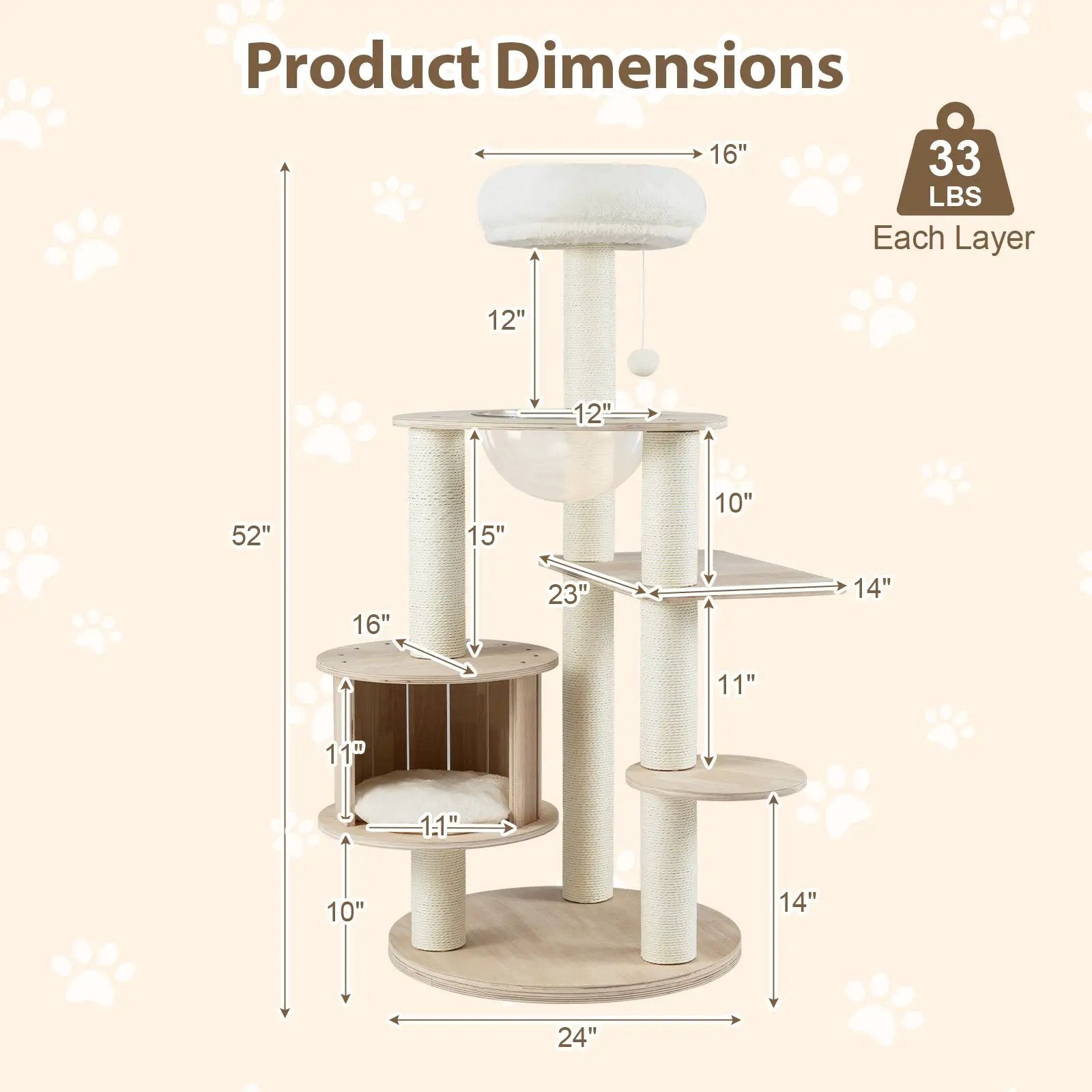 52 Inches Tall Wooden Cat Tree with Washable Plush Cushions and Multi-Level Climbing Stand by DirectDeals