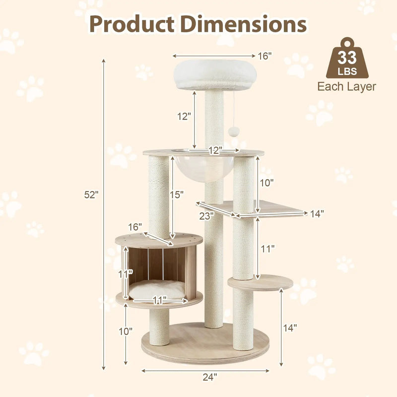 52 Inches Tall Wooden Cat Tree with Washable Plush Cushions and Multi-Level Climbing Stand by DirectDeals