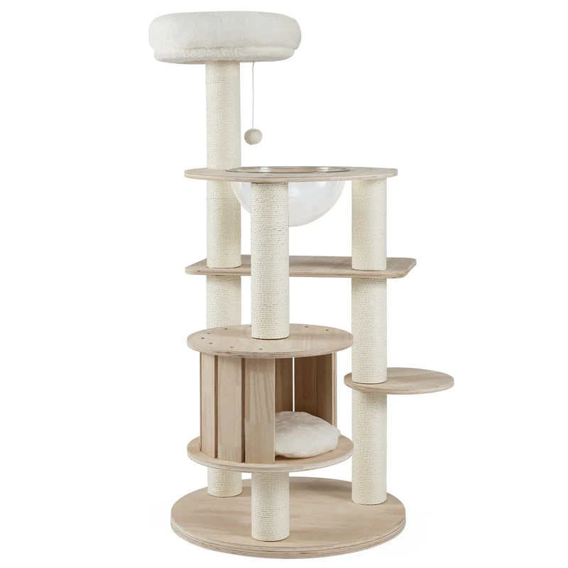52 Inches Tall Wooden Cat Tree with Washable Plush Cushions and Multi-Level Climbing Stand by DirectDeals