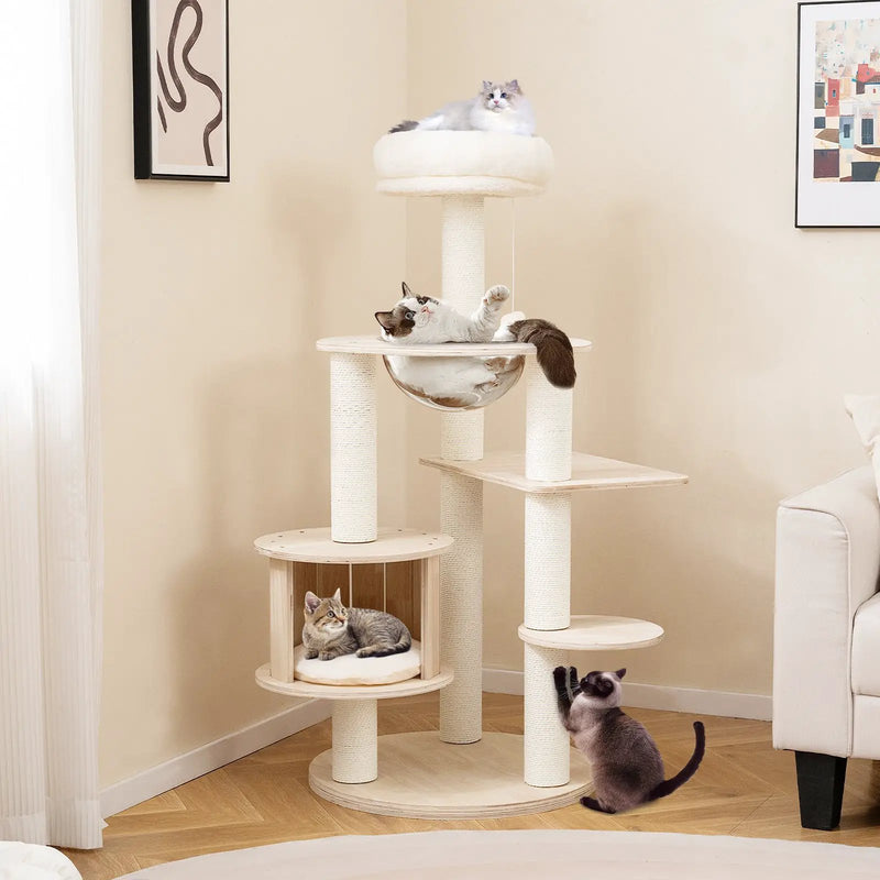 52 Inches Tall Wooden Cat Tree with Washable Plush Cushions and Multi-Level Climbing Stand by DirectDeals