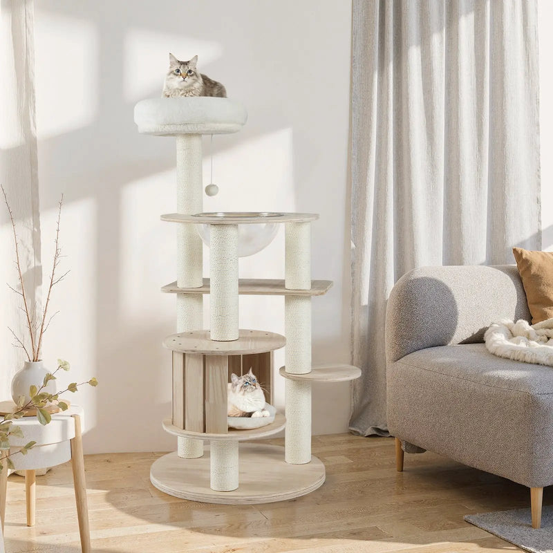 52 Inches Tall Wooden Cat Tree with Washable Plush Cushions and Multi-Level Climbing Stand by DirectDeals