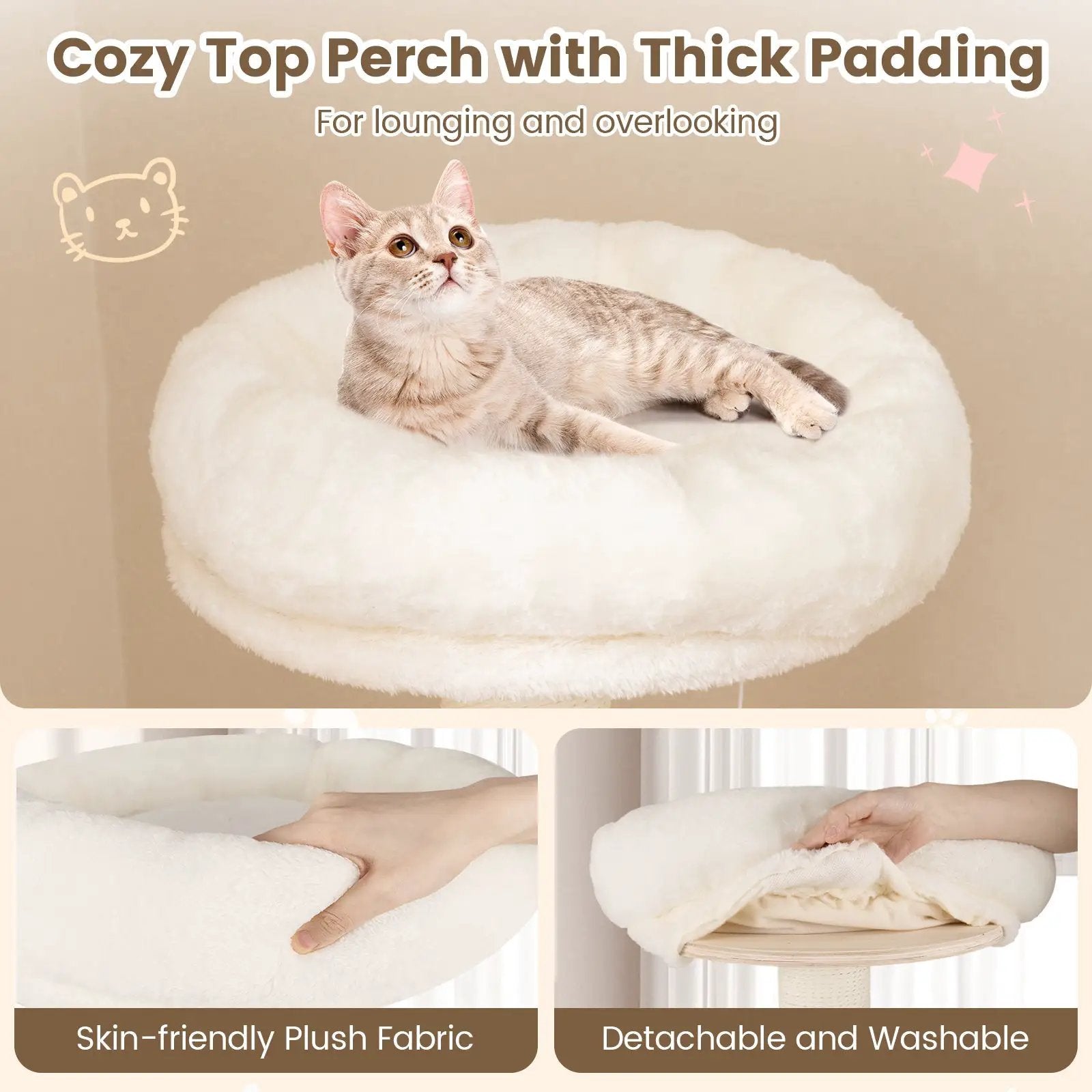 52 Inches Tall Wooden Cat Tree with Washable Plush Cushions and Multi-Level Climbing Stand by DirectDeals