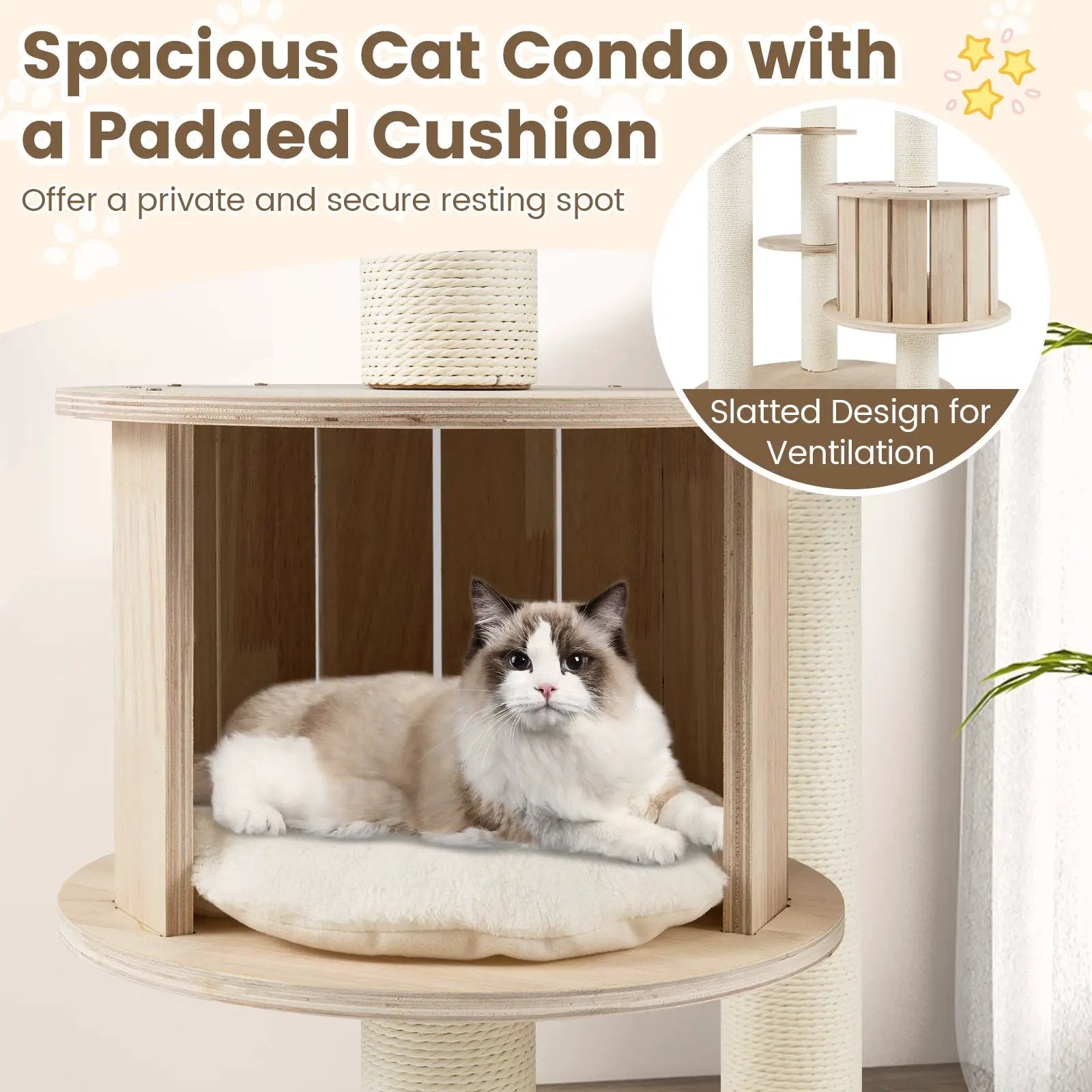 52 Inches Tall Wooden Cat Tree with Washable Plush Cushions and Multi-Level Climbing Stand by DirectDeals