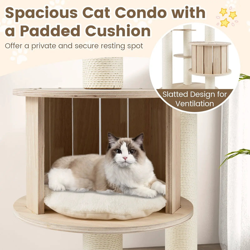 52 Inches Tall Wooden Cat Tree with Washable Plush Cushions and Multi-Level Climbing Stand by DirectDeals