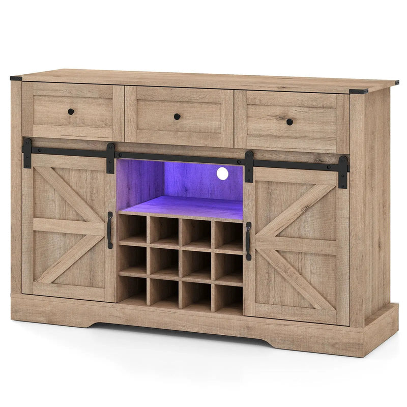 52 Inches Wine Bar Cabinet with LED Lights and Sliding Barn Doors by DirectDeals