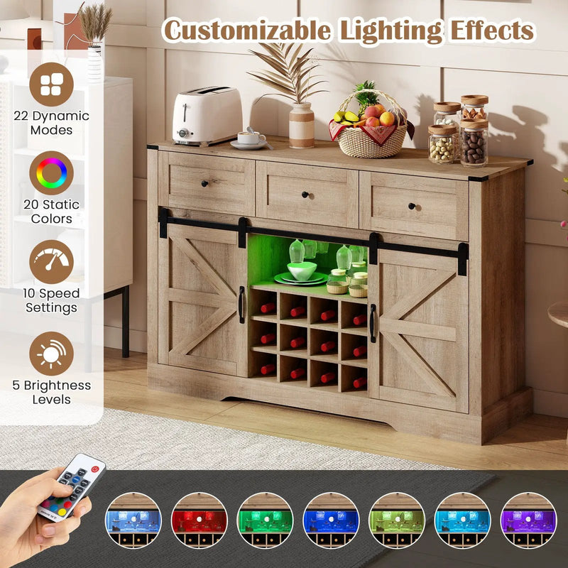 52 Inches Wine Bar Cabinet with LED Lights and Sliding Barn Doors by DirectDeals