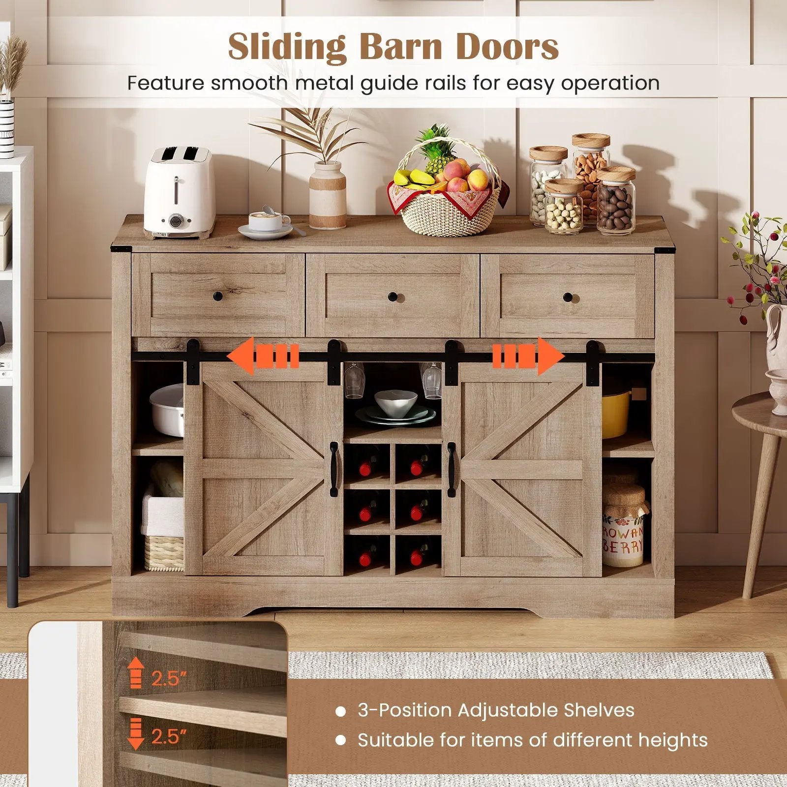 52 Inches Wine Bar Cabinet with LED Lights and Sliding Barn Doors by DirectDeals