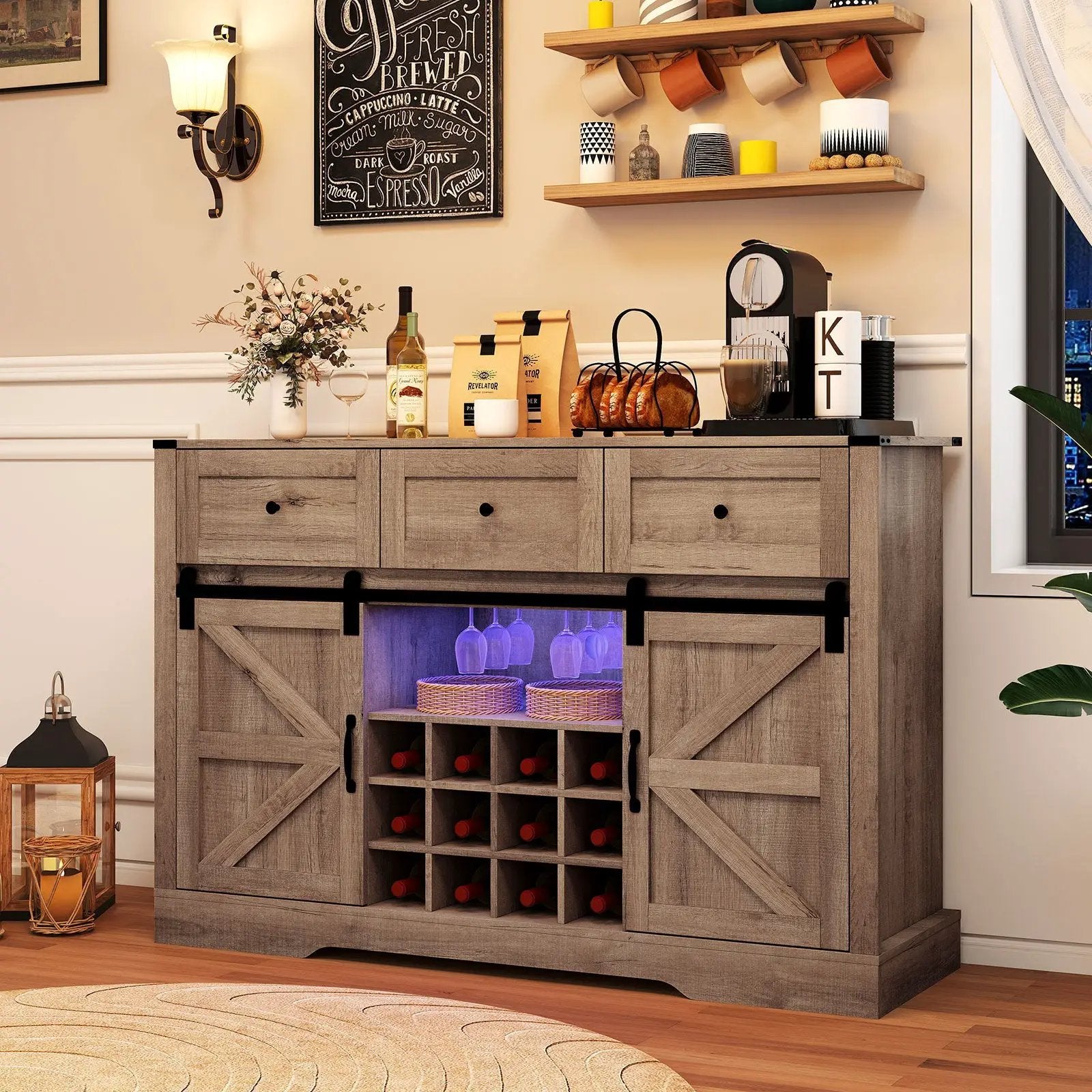 52 Inches Wine Bar Cabinet with LED Lights and Sliding Barn Doors by DirectDeals