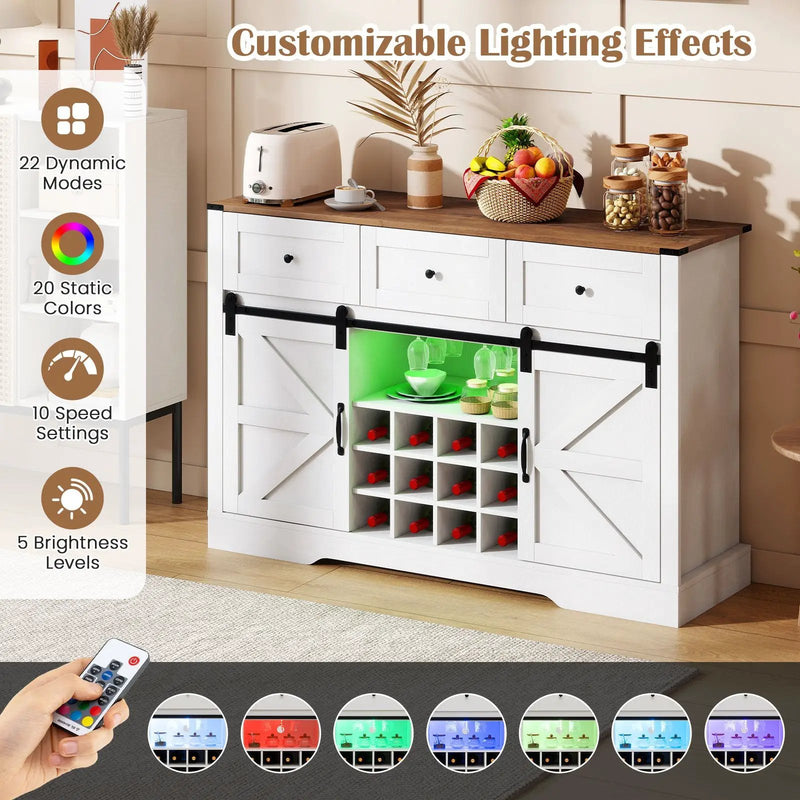 52 Inches Wine Bar Cabinet with LED Lights and Sliding Barn Doors by DirectDeals