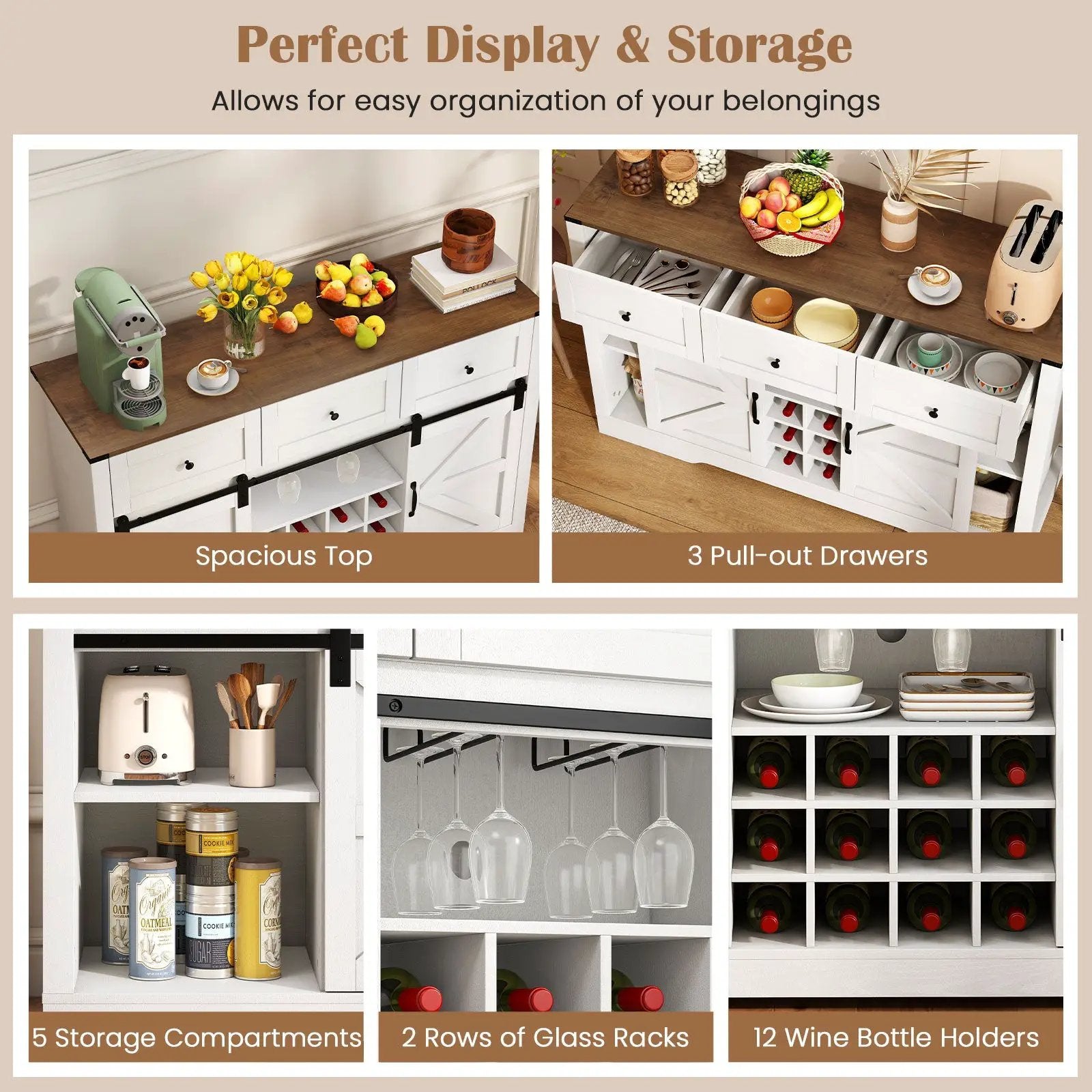 52 Inches Wine Bar Cabinet with LED Lights and Sliding Barn Doors by DirectDeals