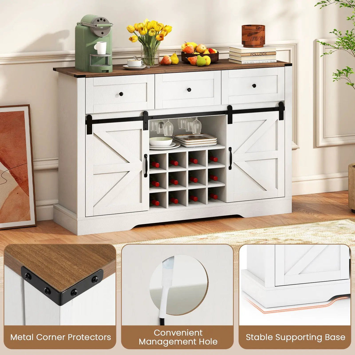 52 Inches Wine Bar Cabinet with LED Lights and Sliding Barn Doors by DirectDeals