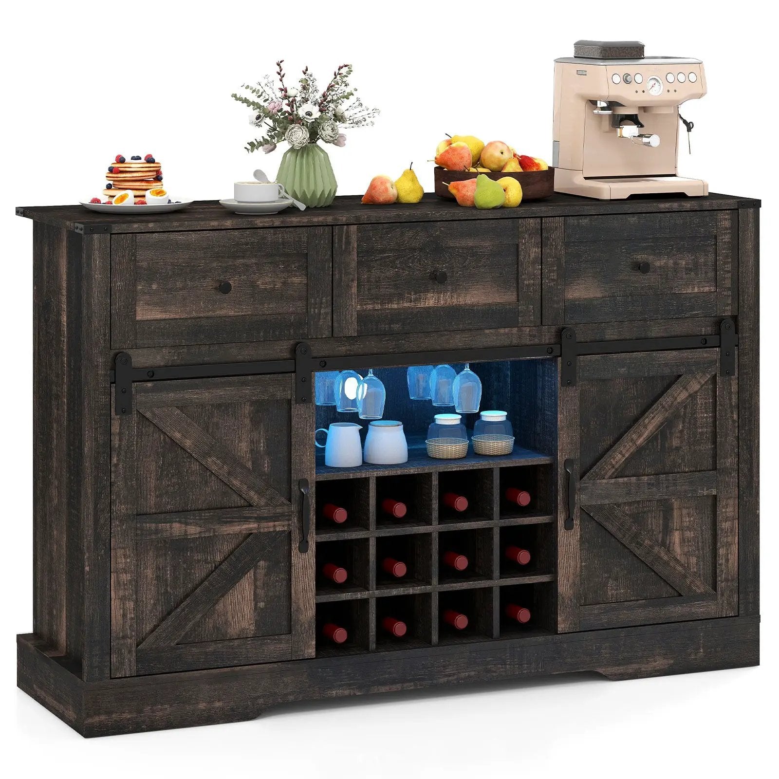 52 Inches Wine Bar Cabinet with LED Lights and Sliding Barn Doors by DirectDeals