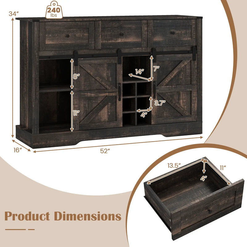 52 Inches Wine Bar Cabinet with LED Lights and Sliding Barn Doors by DirectDeals