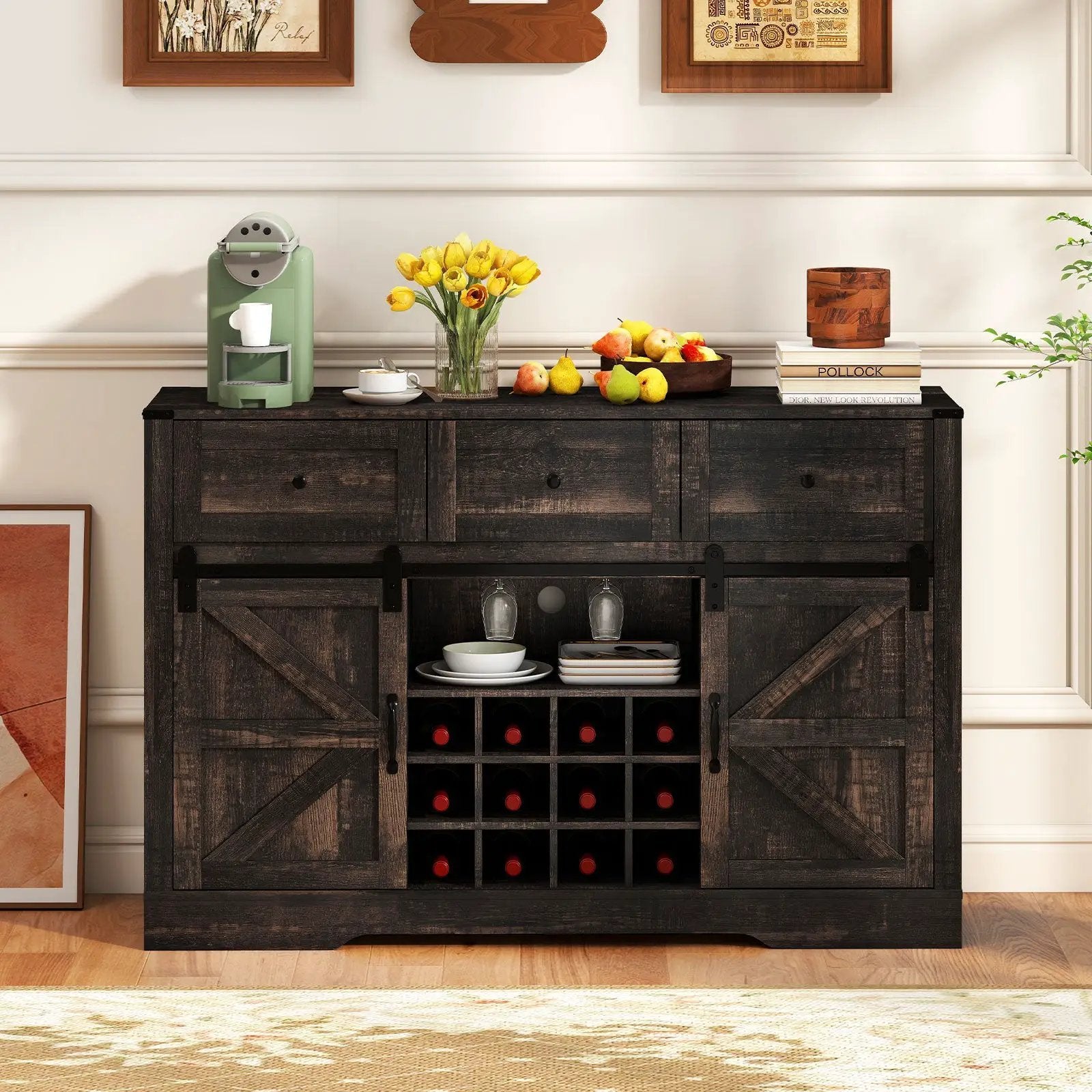 52 Inches Wine Bar Cabinet with LED Lights and Sliding Barn Doors by DirectDeals