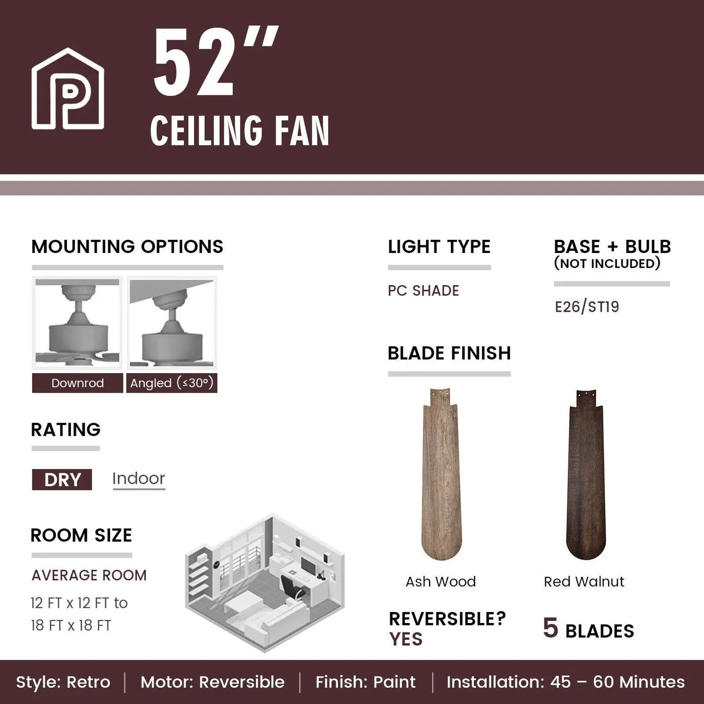 52 Inches Ceiling Fan with Remote Control by DirectDeals