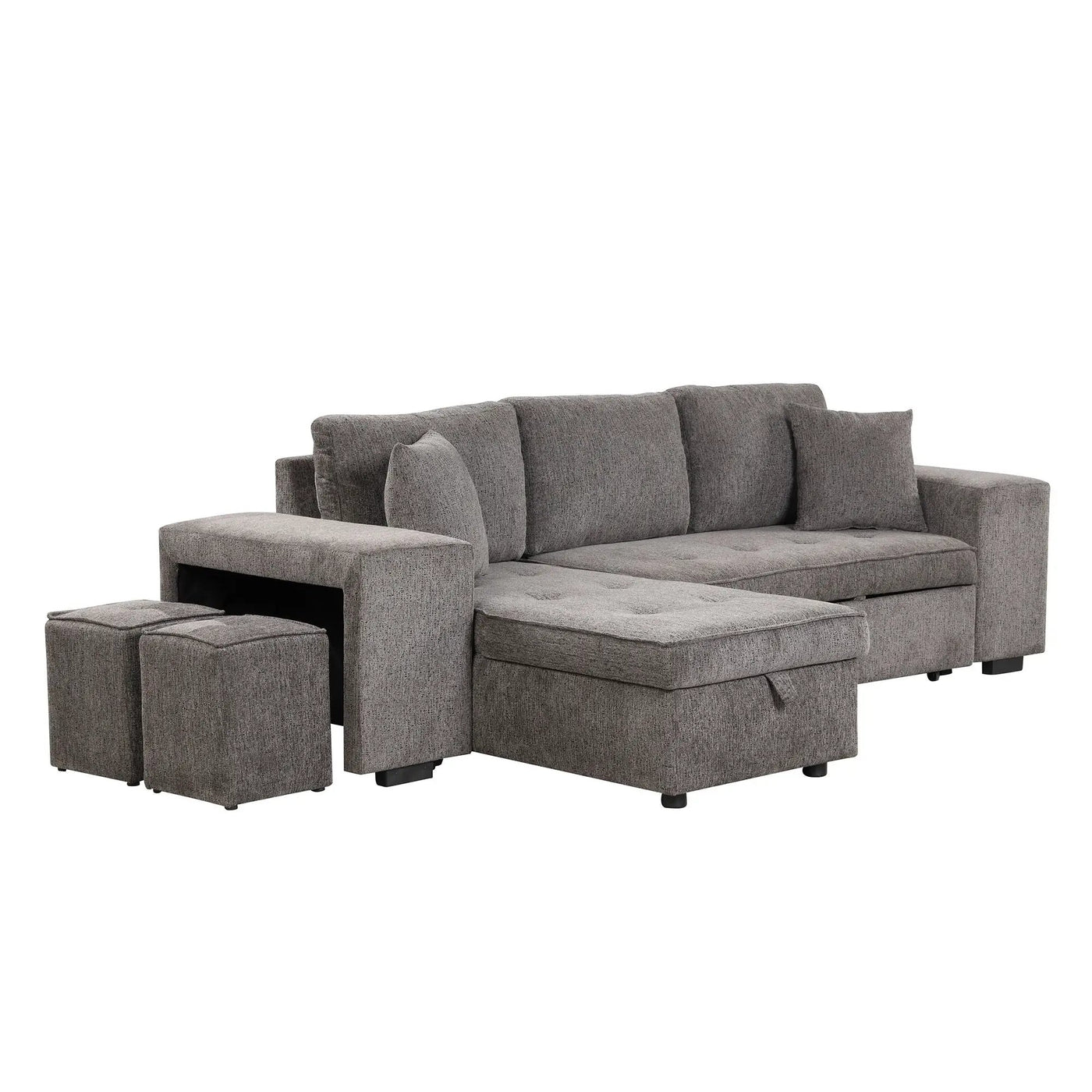 Modern L-Shape 3 Seat Reversible Sectional Couch, Pull Out Sleeper Sofa With Storage Chaise And 2 Stools For Living Room Furniture Set by HouseOfZazla