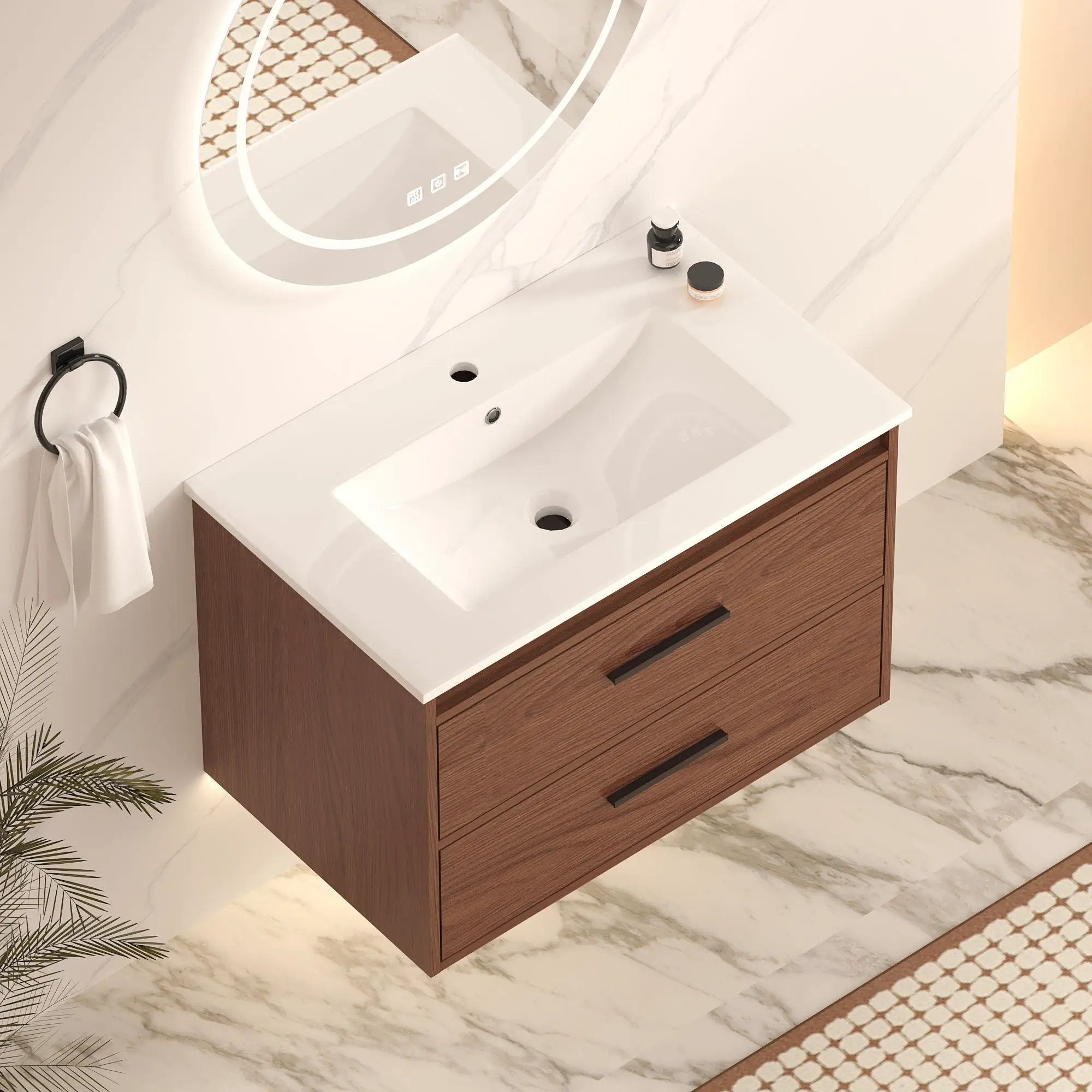 Wall Mounting Bathroom Vanity With Soft Close 2 Drawer, Sink - Reddish Brown by Unique Piece Furniture