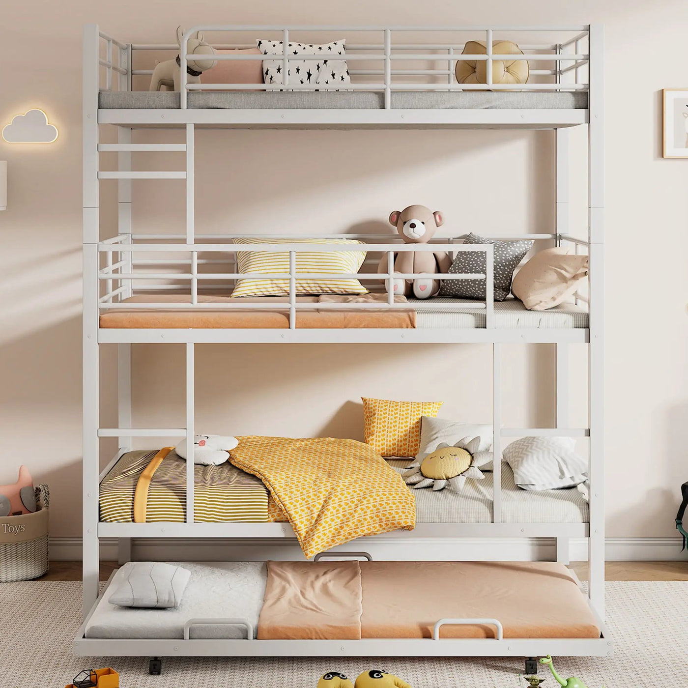 Triple Bunk Bed With Trundle, Heavy Duty Steel Construction by HouseOfZazla