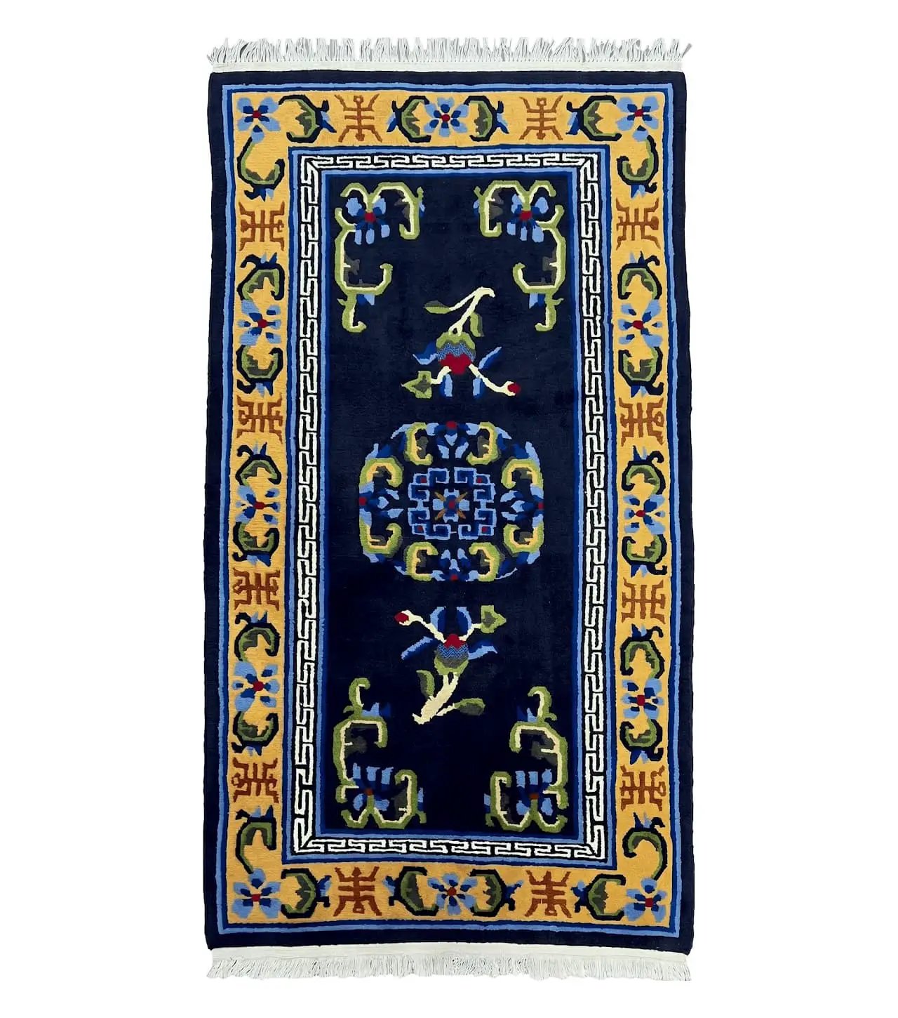 Chinese Art Deco Rug 3 x 5.9, Handmade Chinese Peking Carpet, Dark Blue and Gold, Medallion, Asian Oriental 3x6 Hand Knotted Vintage Rug by Jewel Rugs