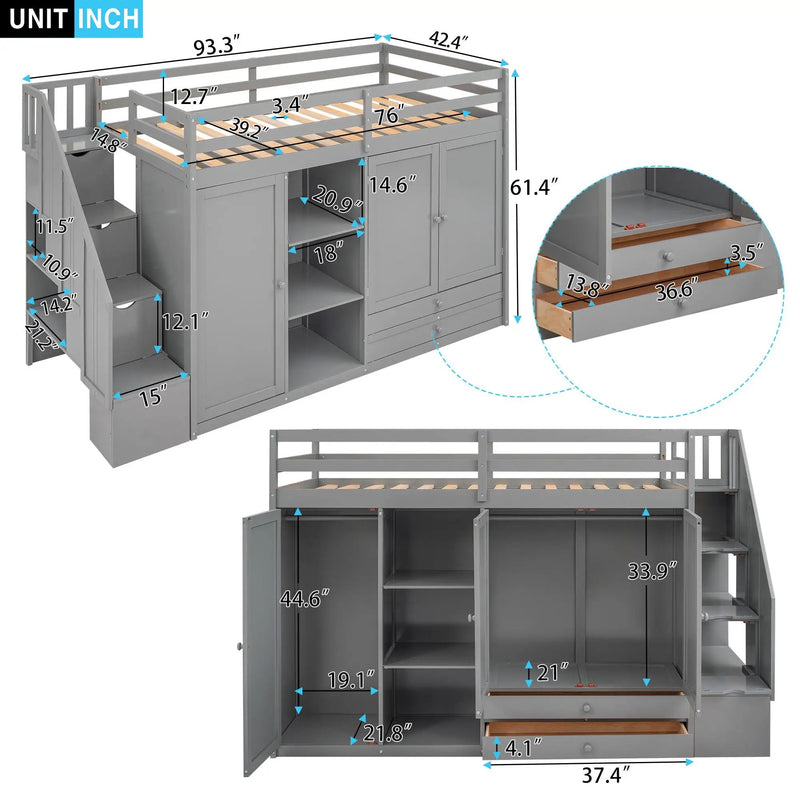 Loft Bed With 3 Shelves, 2 Wardrobes, 2 Drawers, Ladder Storage by Unique Piece Furniture