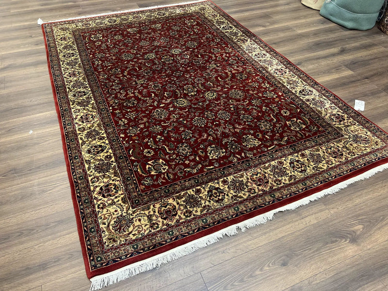 Vintage Indo Persian Rug 6x9, Very Finely Hand-Knotted Carpet 6 x 9 Red Cream Indian Oriental Carpet, Traditional Floral Wool Area Rug 1970s by Jewel Rugs