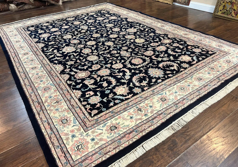 Indo Persian Rug 9x12, Navy Blue and Ivory/Cream, Floral Allover, Wool Vintage Handmade Carpet by Jewel Rugs