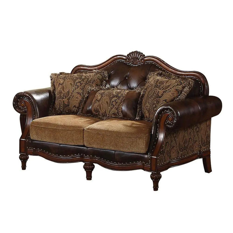 Dreena - Loveseat With 3 Pillows - Two Tone Brown Synthetic Leather & Chenille Cherry by Unique Piece Furniture
