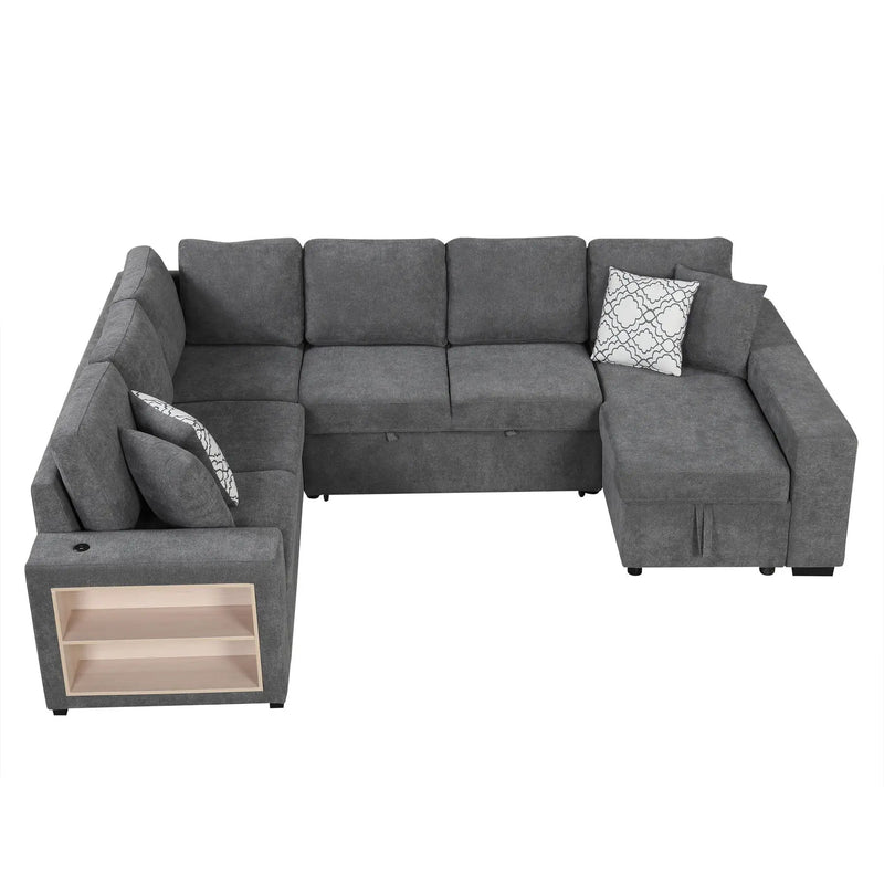 U-Shaped Sectional Sofa Pull-Out Sofa Bed With Two USB Ports, A Storage Chaise Lounge And Four Back Pillows For Living Room by HouseOfZazla