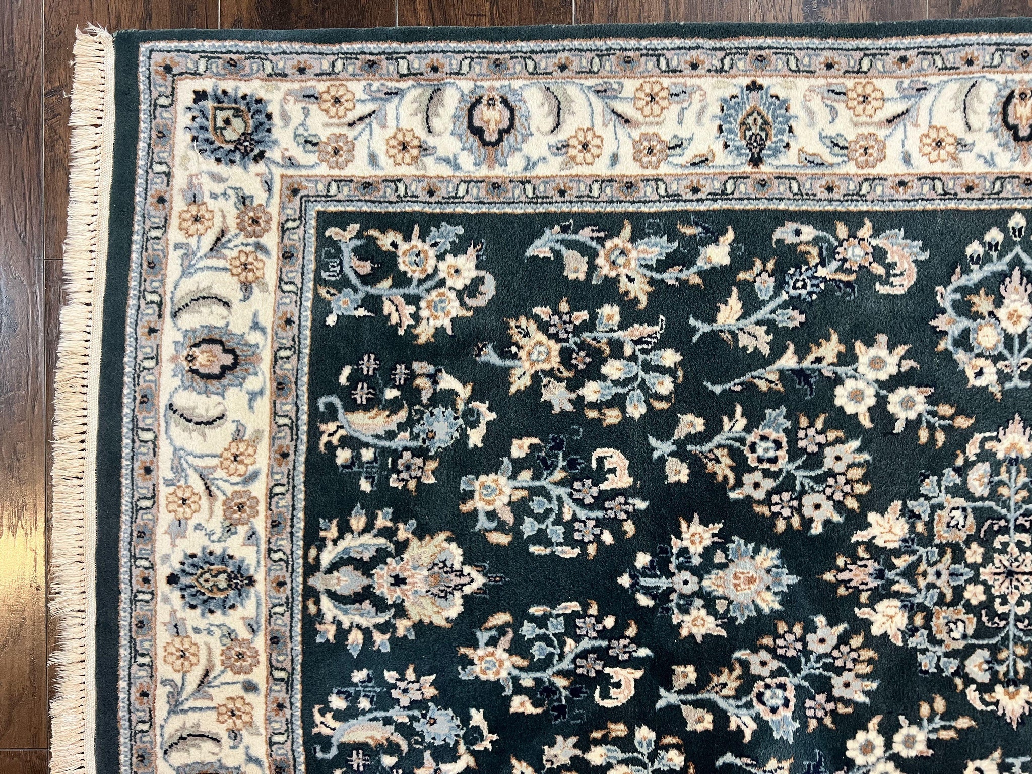 Green Indo Persian Rug 4x6, Floral Allover, Handmade Vintage Oriental Carpet, Sarouk Rug, Wool by Jewel Rugs