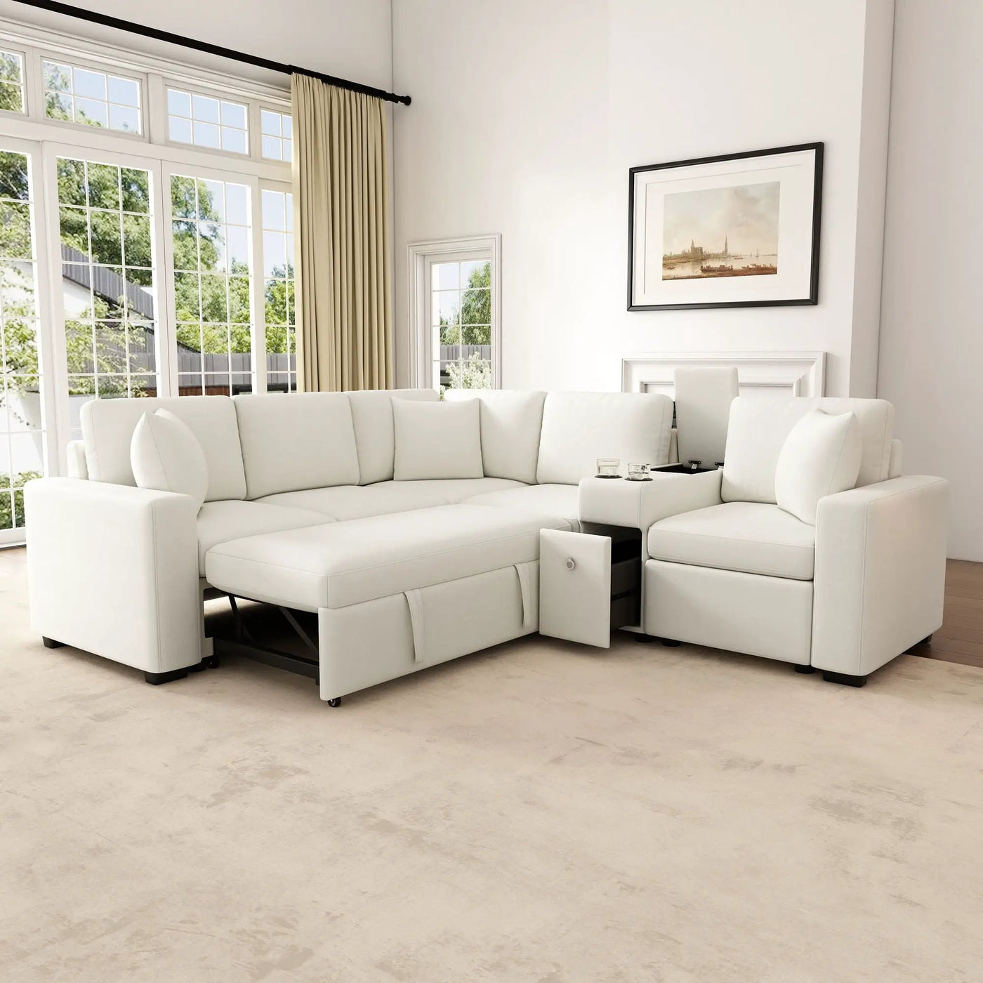 Modular L-Shaped Sectional Sofa Bed With Pull-Out Sleeper, Cup Holders, And Storage by Unique Piece Furniture