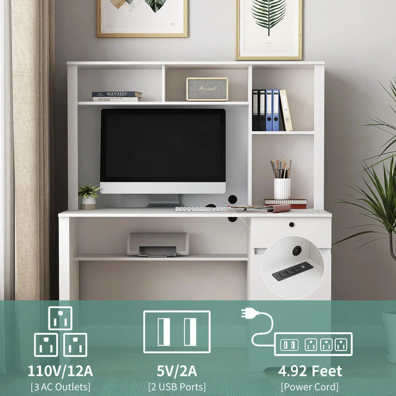 Computer Desk With Hutch & Bookshelf, Wood Executive Desk Teens Student Desk Writing Laptop Home Office Desk With Drawers, 3 Ac Outlets And 2 USB Charging Ports, Study Laptop Table For Home - White by HouseOfZazla