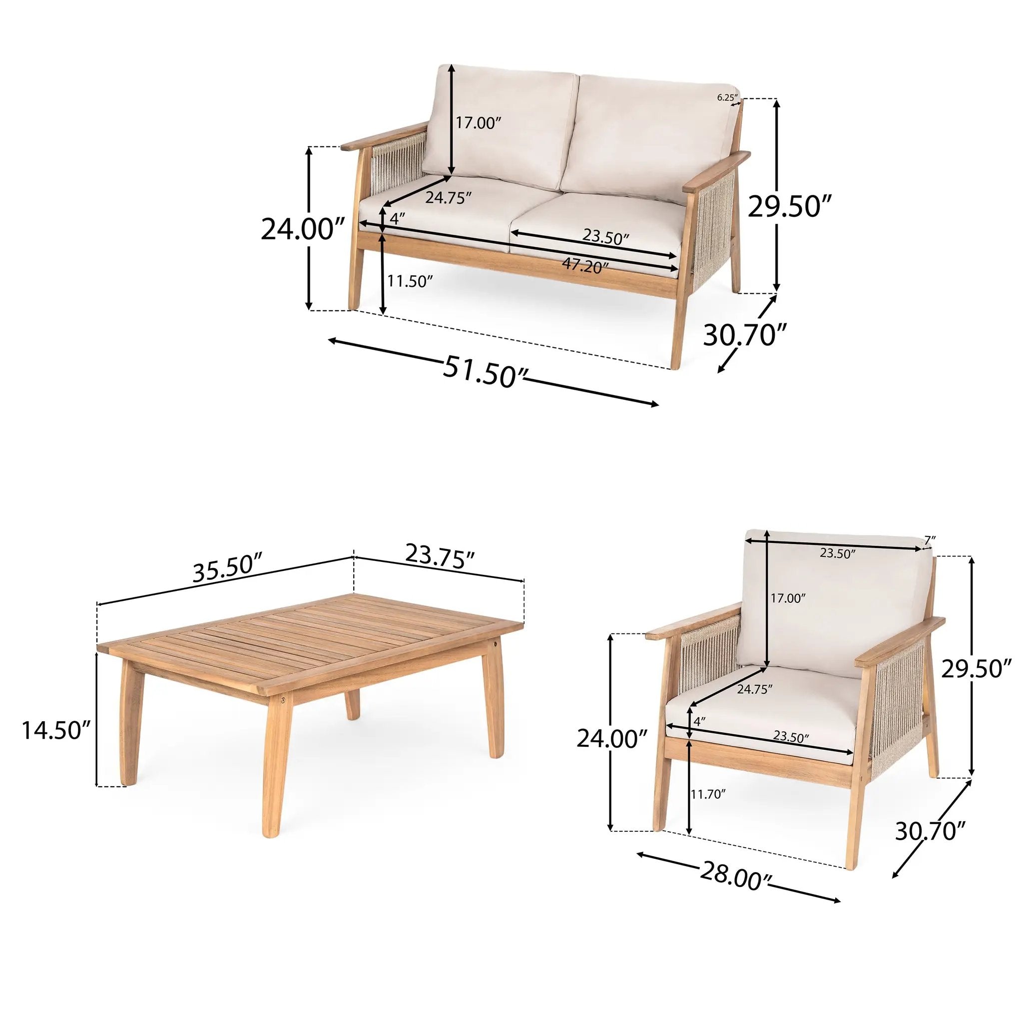 Outdoor 4pc Acacia Wood and Rope Sectional Patio Sofa Set by HouseOfZazla