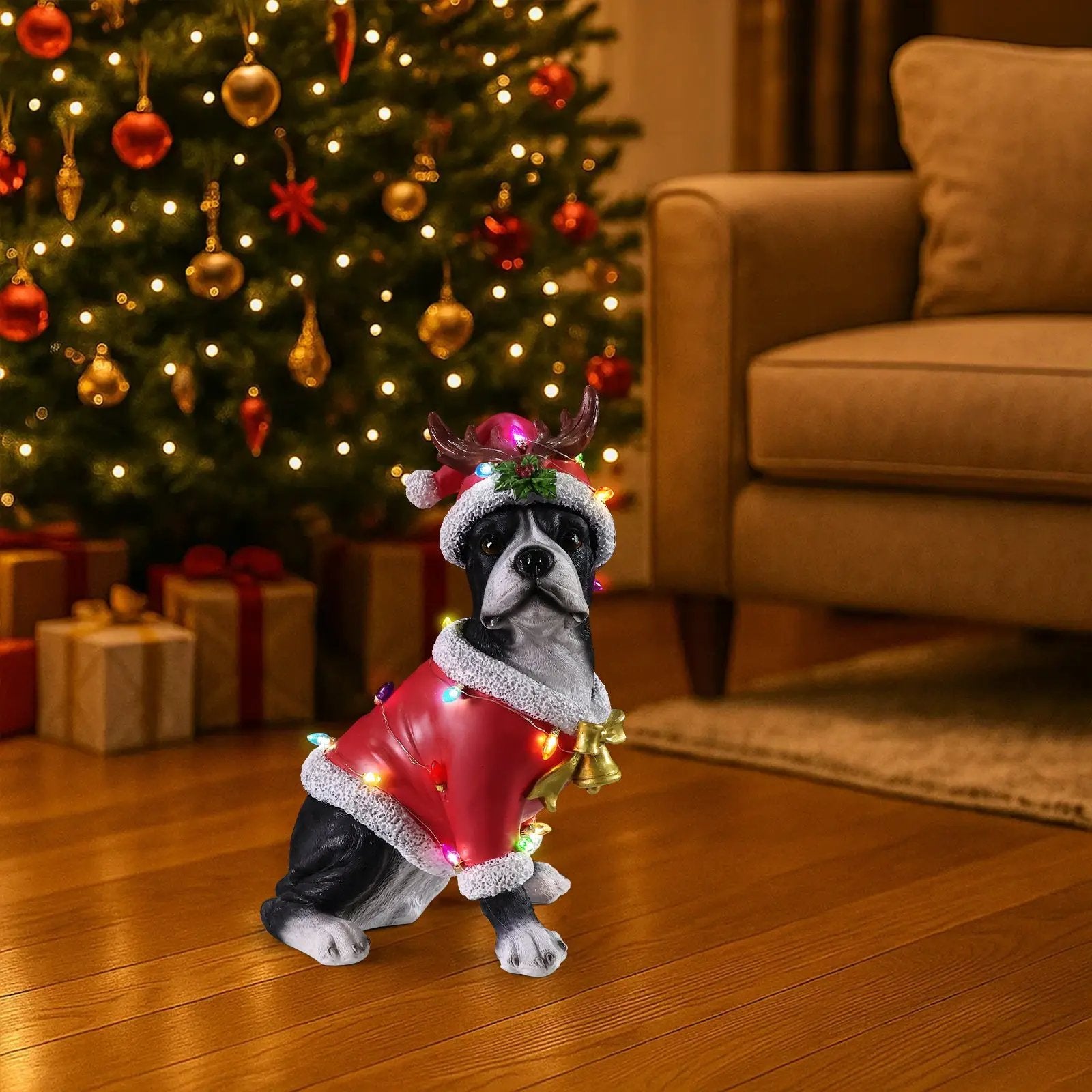 Christmas Boston Terrier Statue, Holiday Dog Figurine in Santa Outfit by HouseOfZazla