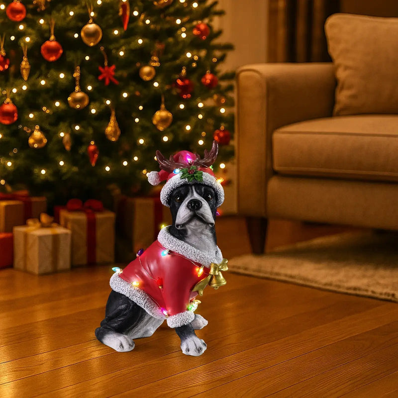 Christmas Boston Terrier Statue, Holiday Dog Figurine in Santa Outfit by HouseOfZazla