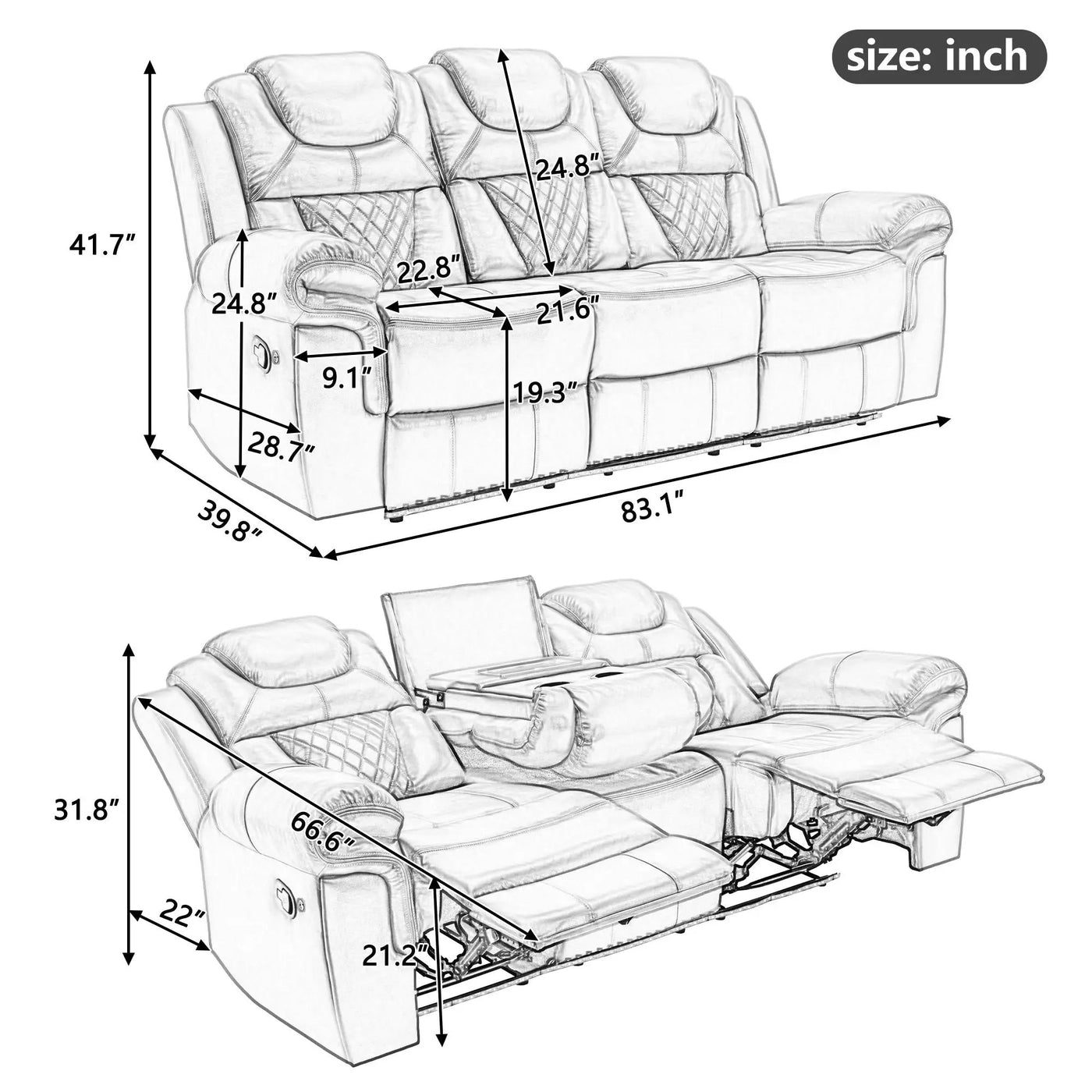 3 Pieces Recliner Sofa Sets Home Theater Seating Manual Recliner Chair With Center Console And LED Light Strip For Living Room by HouseOfZazla