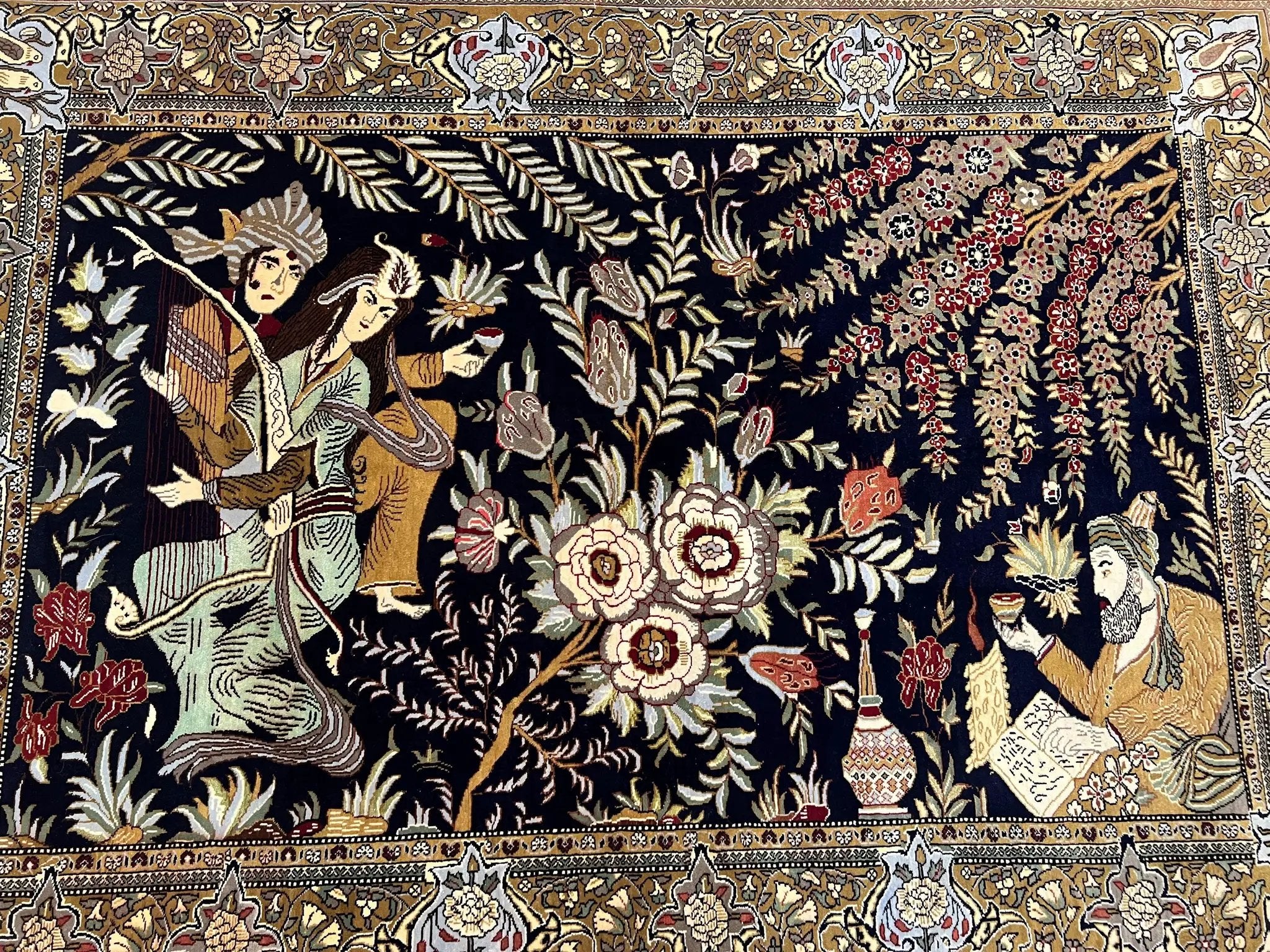 Persian Qum Pictorial Rug 4.8 x 6.5 - Layla & Majnun, Birds by Jewel Rugs