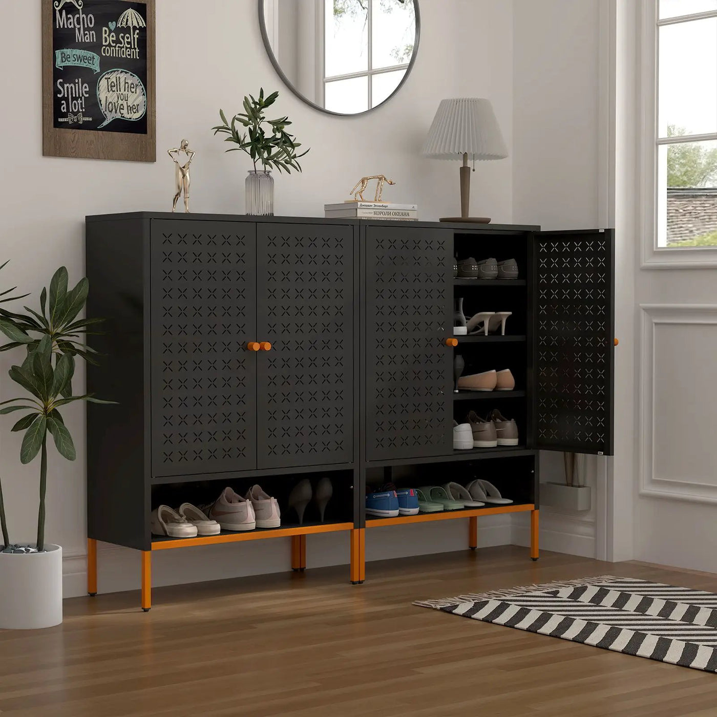 Grid Double Door Shoe Cabinet With Adjustable Compartments and Moisture-Proof Design by HouseOfZazla