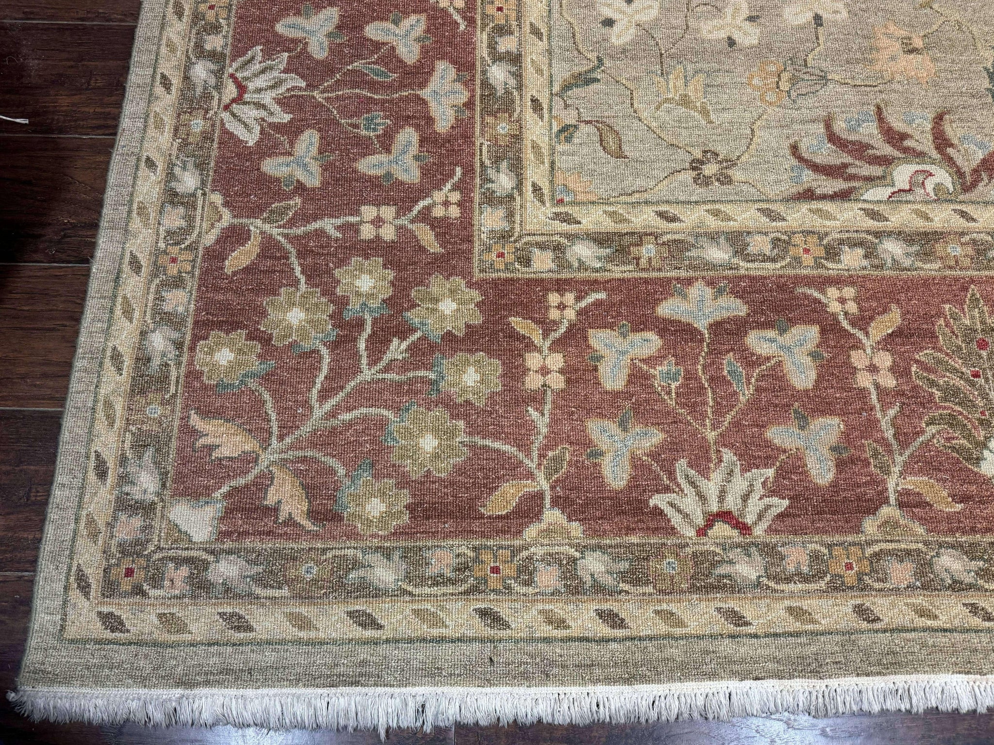 Large Turkish Soumak Rug 10x14, Flatweave Dhurrie, Handmade, Light Green and Salmon by Jewel Rugs