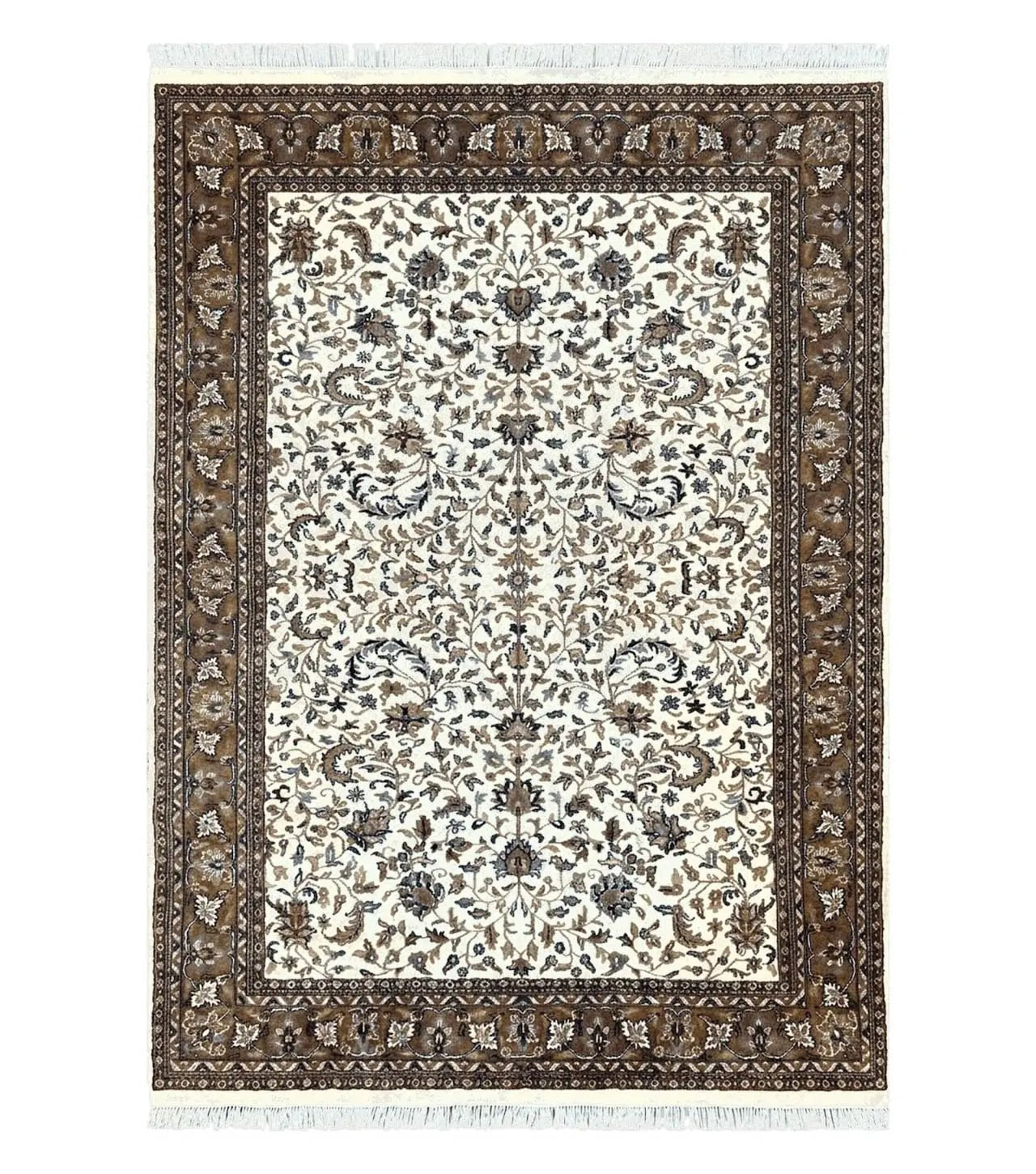 Indo Kirman Rug 8x12 Allover Floral Design, Ivory/Cream Brown, Vintage Handmade Hand Knotted Rug, Traditional Wool Persian Carpet 8 x 12 by Jewel Rugs