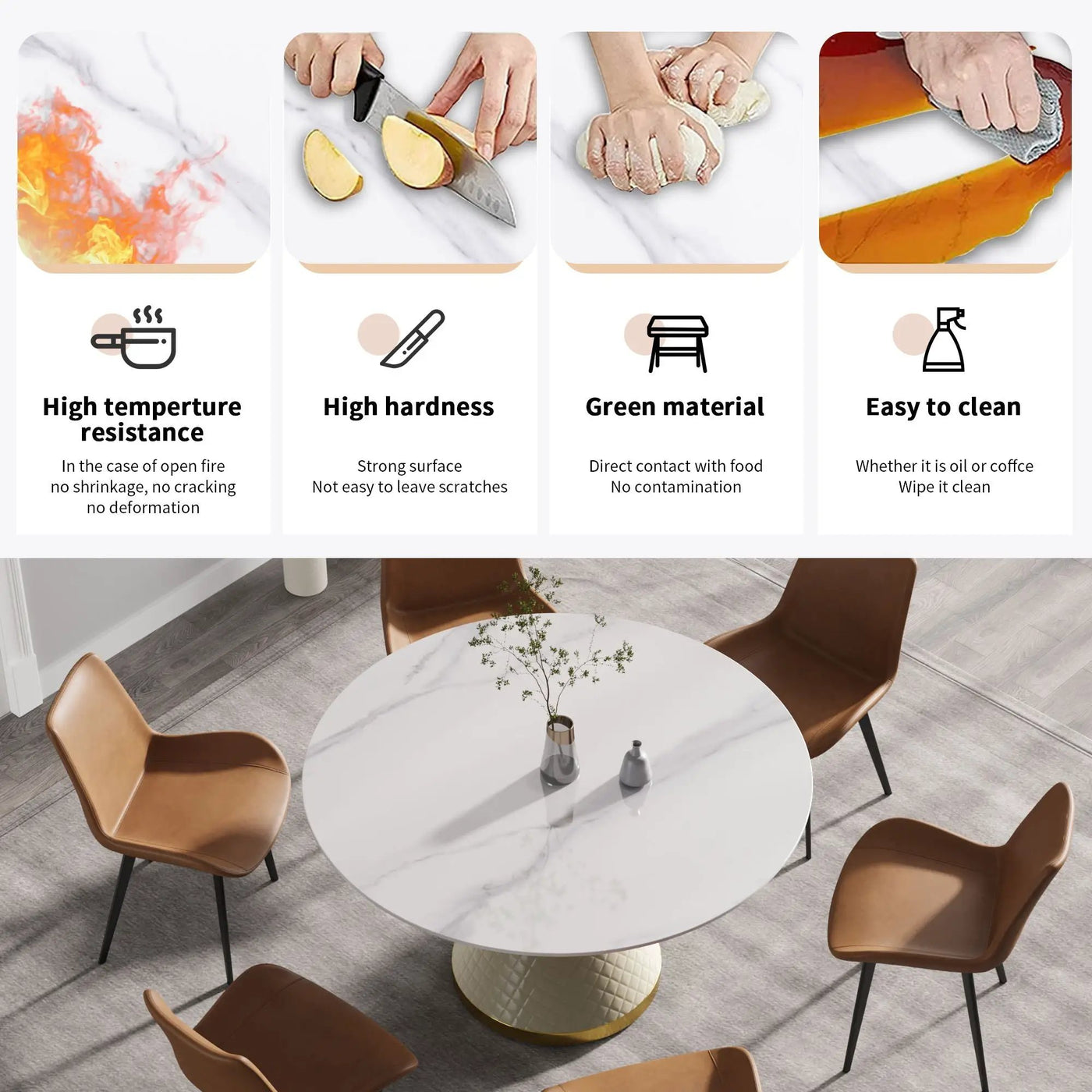 Modern Artificial Stone Round Carbon Steel Base Dining Table, Can Accommodate 6 People by Unique Piece Furniture