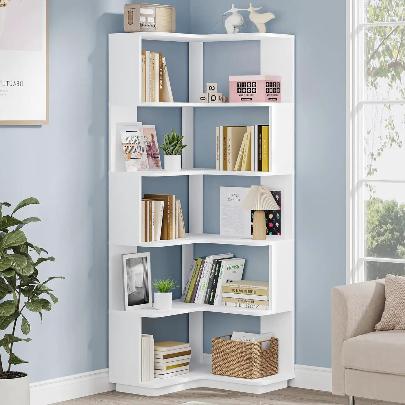 6 Tier Corner Bookshelf, L-Shaped Freestanding Shelf With Anti Drop Panels by HouseOfZazla